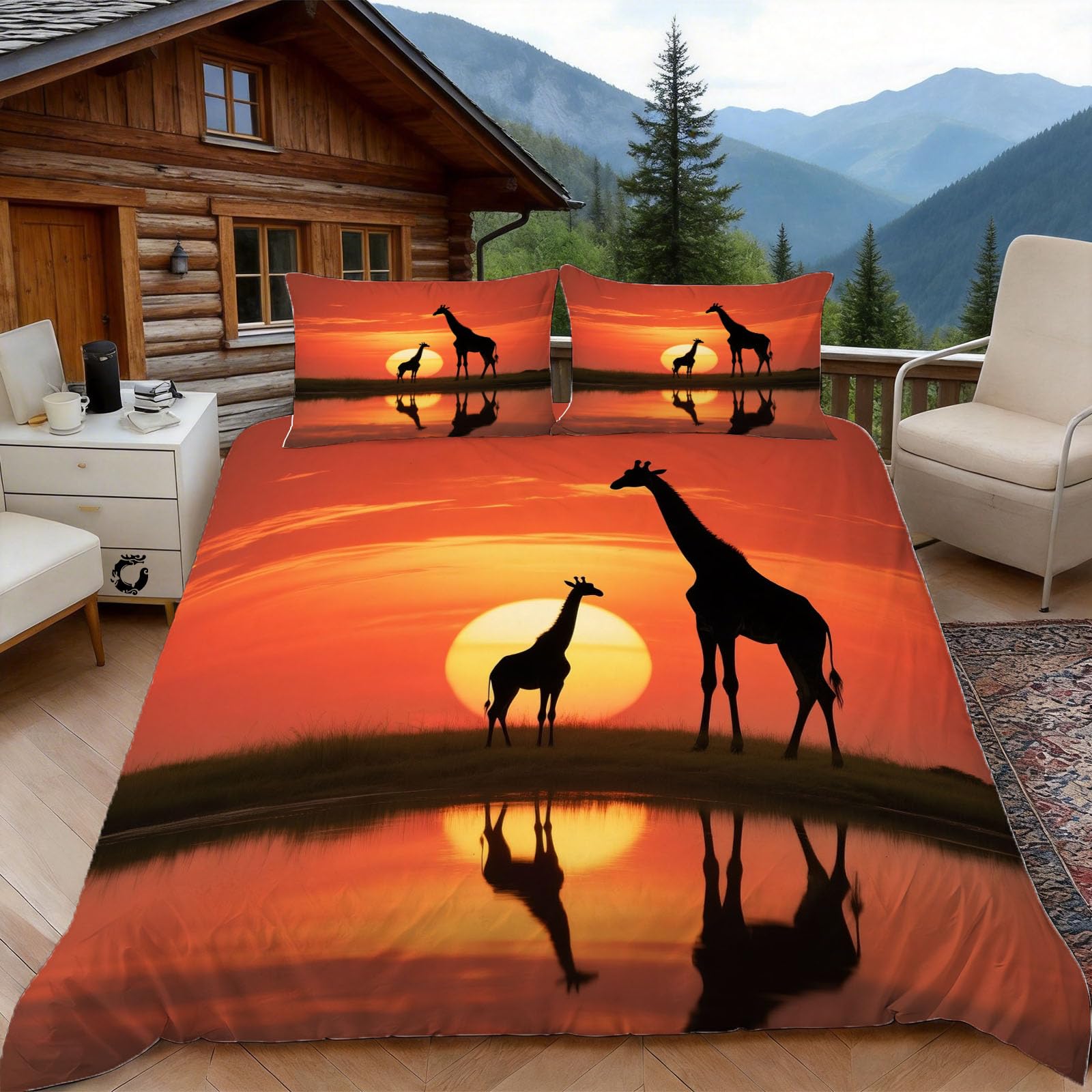 3D Double Duvet Set 3D Printed Giraffe Print Bedding, Savanna Animals Soft Microfibre Duvet Cover Sets Quilt Cover and Pillow Set with Zipper 3 Pcs