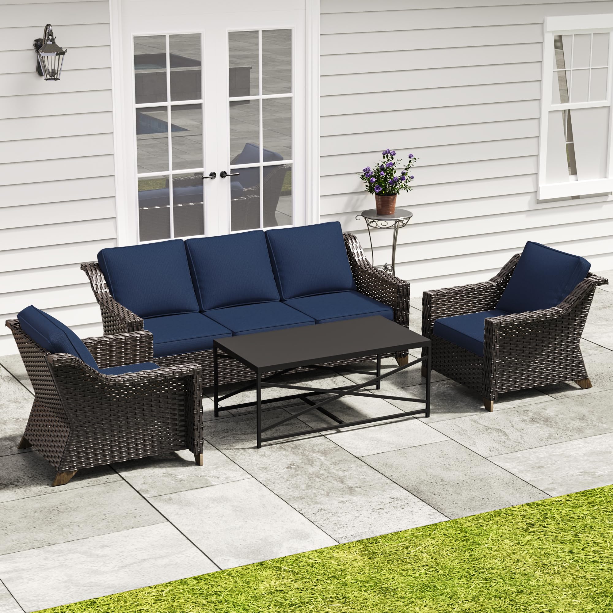 4 Piece Patio Furniture Set, Wicker Outdoor Conversation Set