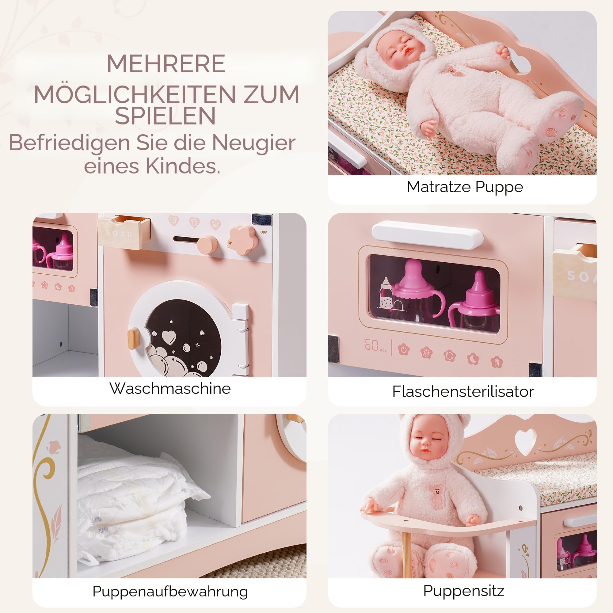 ROBUD Holzpuppen-Wickelstation, 4-in-1 Kleinkind-Puppen-Wickeltisch mit Waschmaschine & Flaschensterilisator, Aufbewahrung & Puppensitz, Puppenzubehör für Puppen unter 20", Geschenk für Kinder Rosa