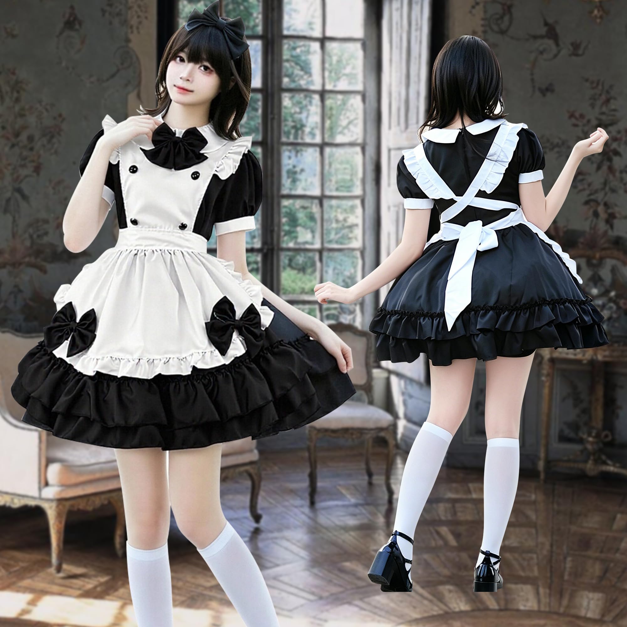 Luckyou Anime French Maid Dress Damen Maid Outfit Mit Schürze Bögen und Socken Niedliche Maid Kostüm für Karneval Halloween Mottoparty Cospaly