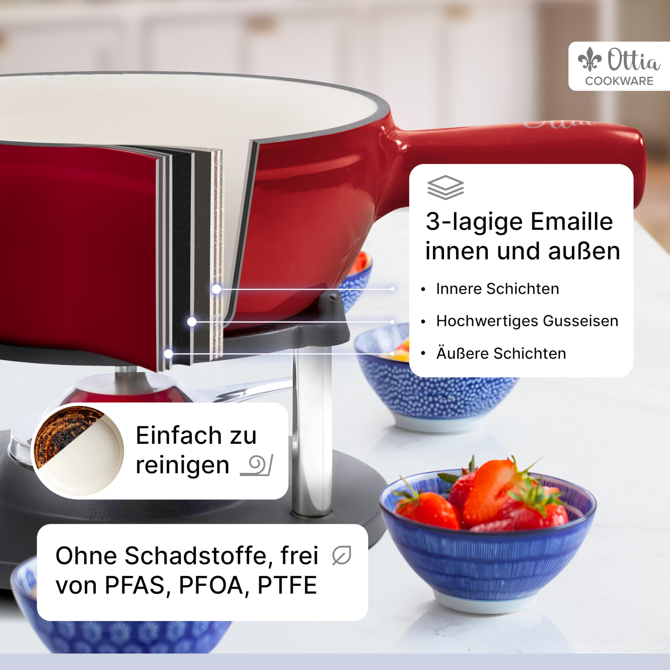 Ottia Fondue Set für 2, 3, 4, 5, 6 Personen aus Gusseisen & Emaille. Als Käsefondue, Fleischfondue, Schokofondue. Induktion geeignet, Schadstofffrei, mit Brenner+Gabeln+Rezeptbuch, Fondü-Set aus HH