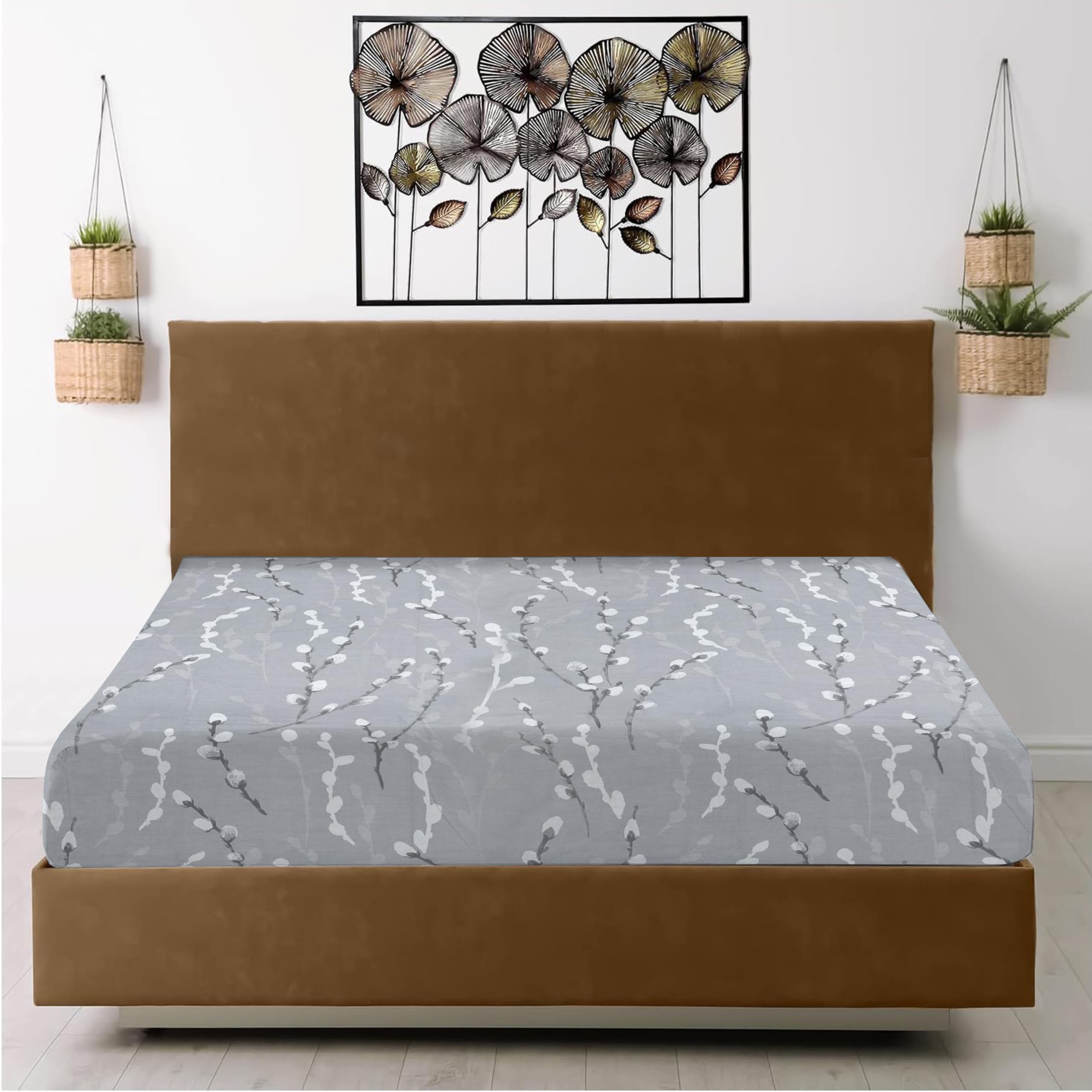 RAYBedding Printed Double Fitted Sheet 100% Egyptian Cotton Floral Pattern 400 Thread Count 30cm/12” Extra Deep Fitted Double Bed Sheets — image 1