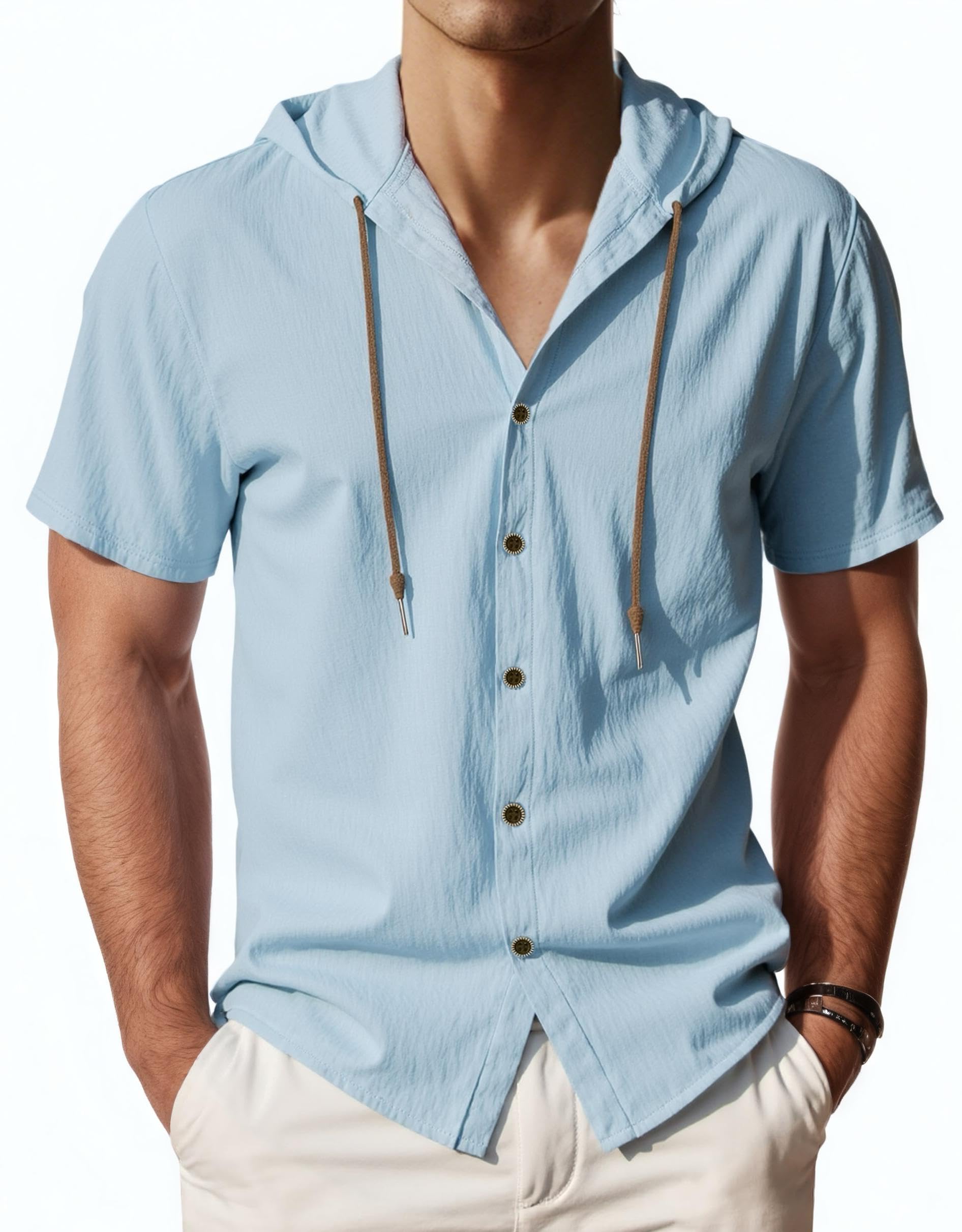 Men's Short Sleeve Shirt Button Down Shirts Summer Casual Hoodie Lightweight Fashion