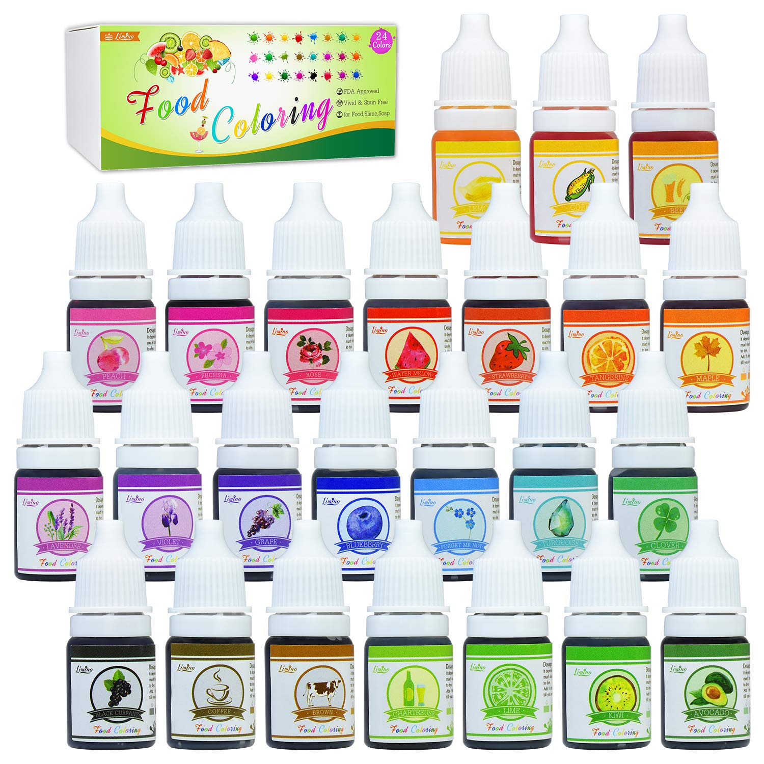 Food Coloring 24 Colors - Variety Rainbow Cake Food Coloring Set for Baking, Decorating, Icing and Cooking - Vibrant Liquid Food Color Dye for DIY Treats and Crafts Making - .25 fl. oz. Bottles