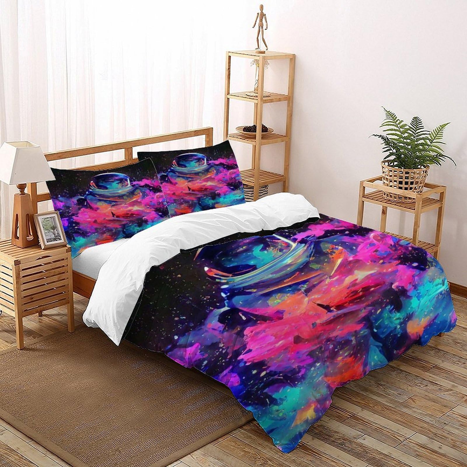 Housse de couette astronaute parure de lit ciel étoilé adulte microfibre zippée