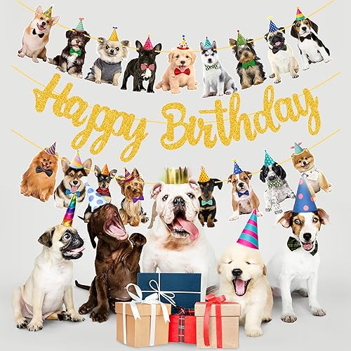 Miniatura 8 de Cartel de feliz cumpleaños para perros, suministros de fiesta de cumpleaños de perro bebé, suministros de fiesta de cumpleaños con purpurina dorada