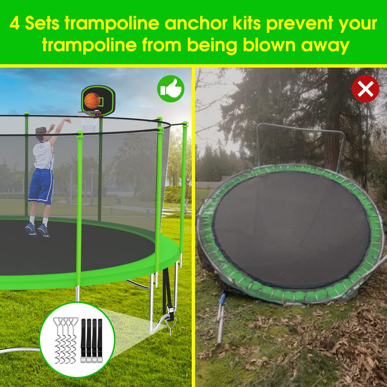 SKYUP Tranpoline for Kids and Adults, 8 10 12 15 16 FT 1500LBS Tranpoline with Net - with Basketball Hoop, 4PCS Wind Stakes, Ladder and Pad, ASTM CPC CPSIA Approved Recreational Outdoor Tranpolines