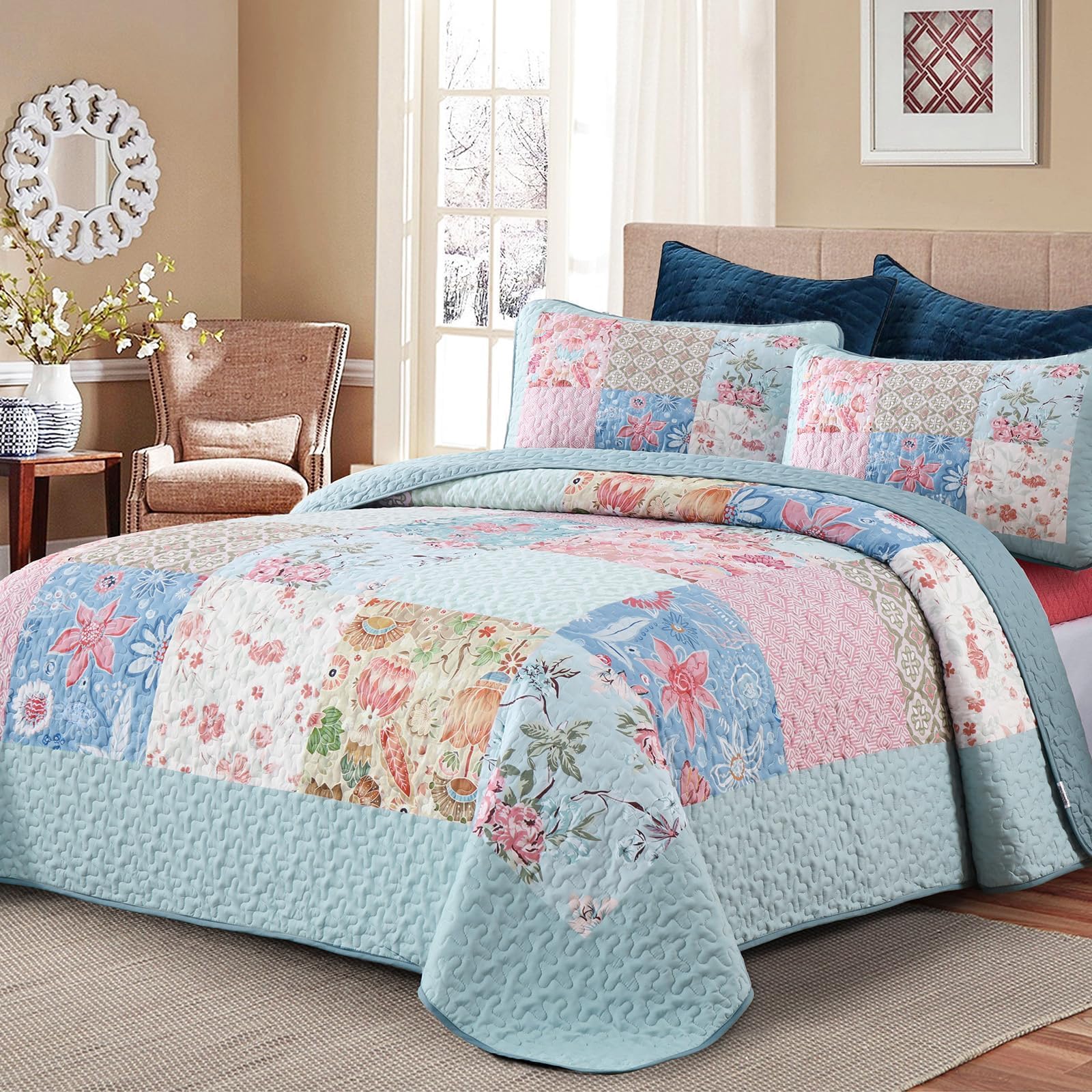 Patchwork Quilt Set Queen Size Light Blue Floral Plaid Bedspread Coverlet 3 Pieces Boho Quilt Bedding Set Lightweight Microfiber Rustic Bed Cover for All Season (96''x90'')
