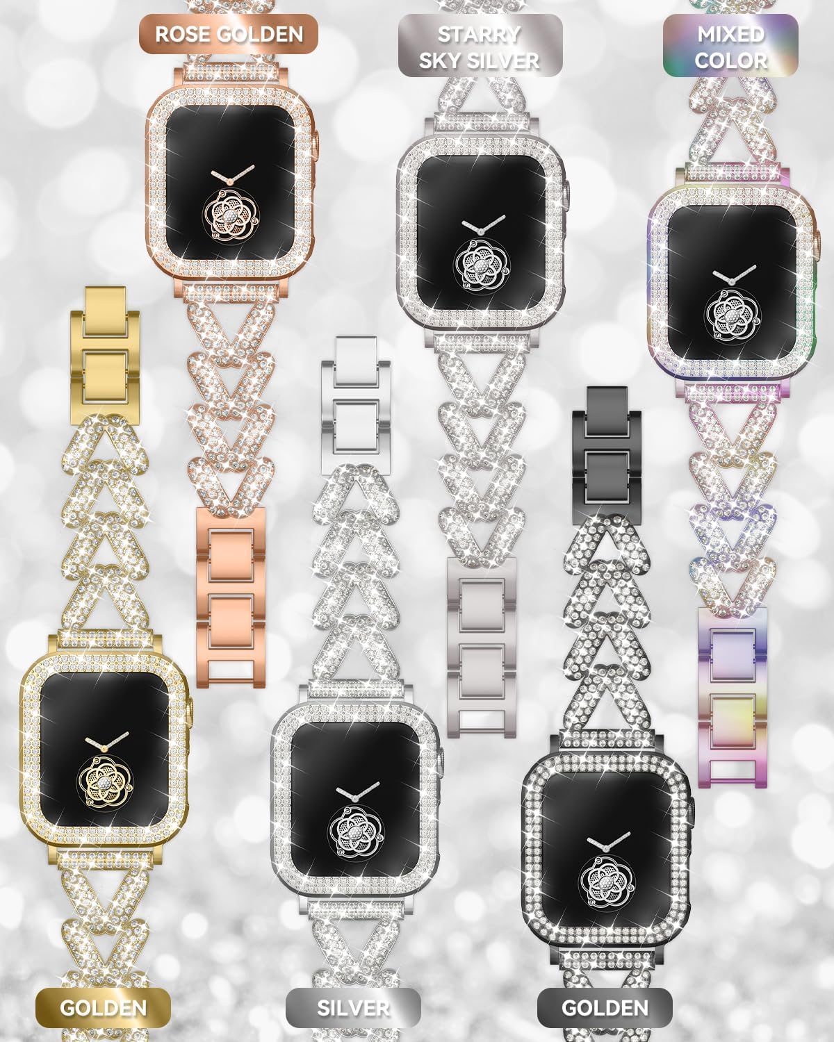 V-800個 ダイヤモンドが散りばめられたメタルバンドとケース、Apple Watch 38mm-49mm (10/1/SE/Ult