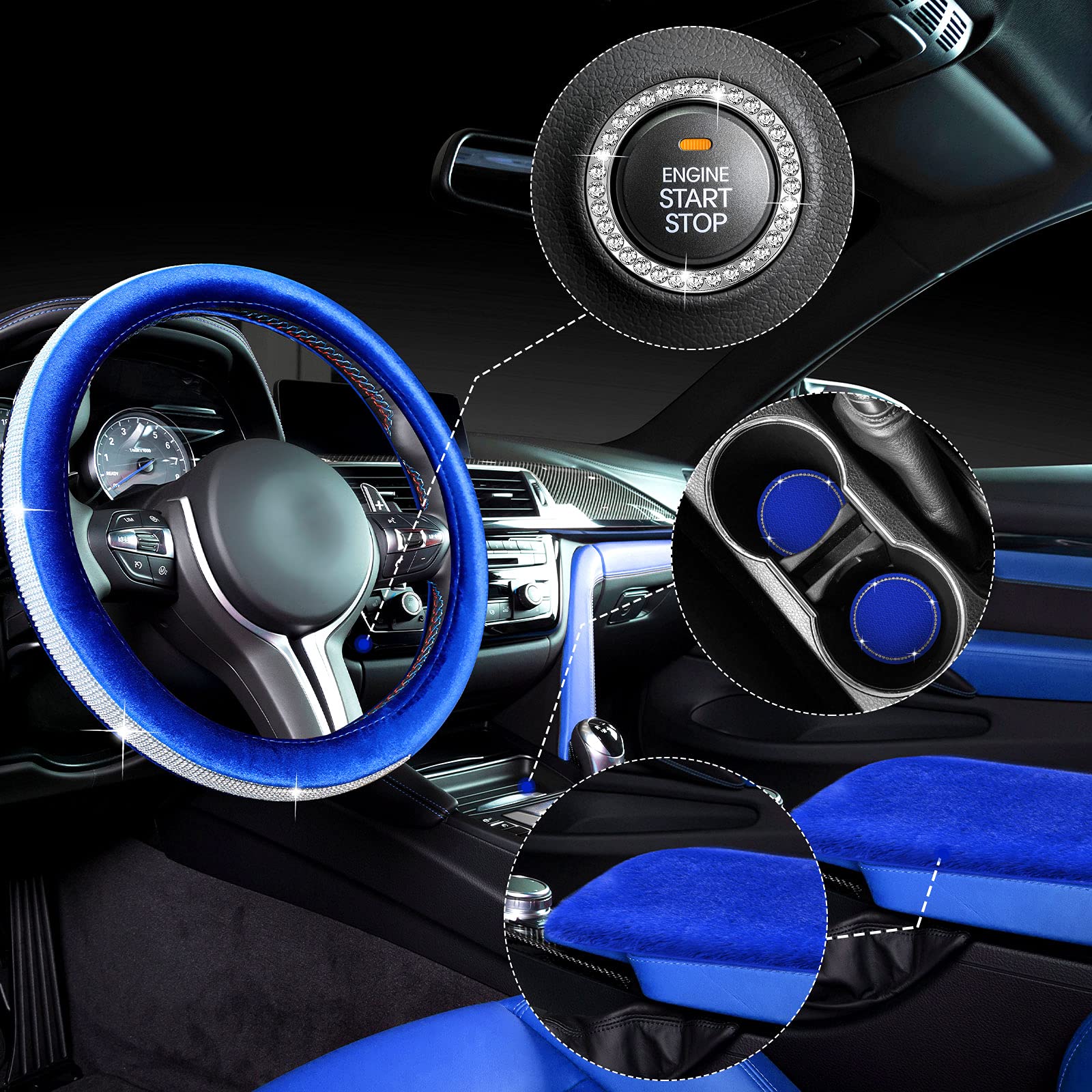 5-Piece Bling Car Accessories Set - Crystal Diamond Steering Wheel Cover, Faux Fur Auto Center Console Pad, Cup Holders, Rhinestone Ring Sticker for Car Decor (Royal Blue)