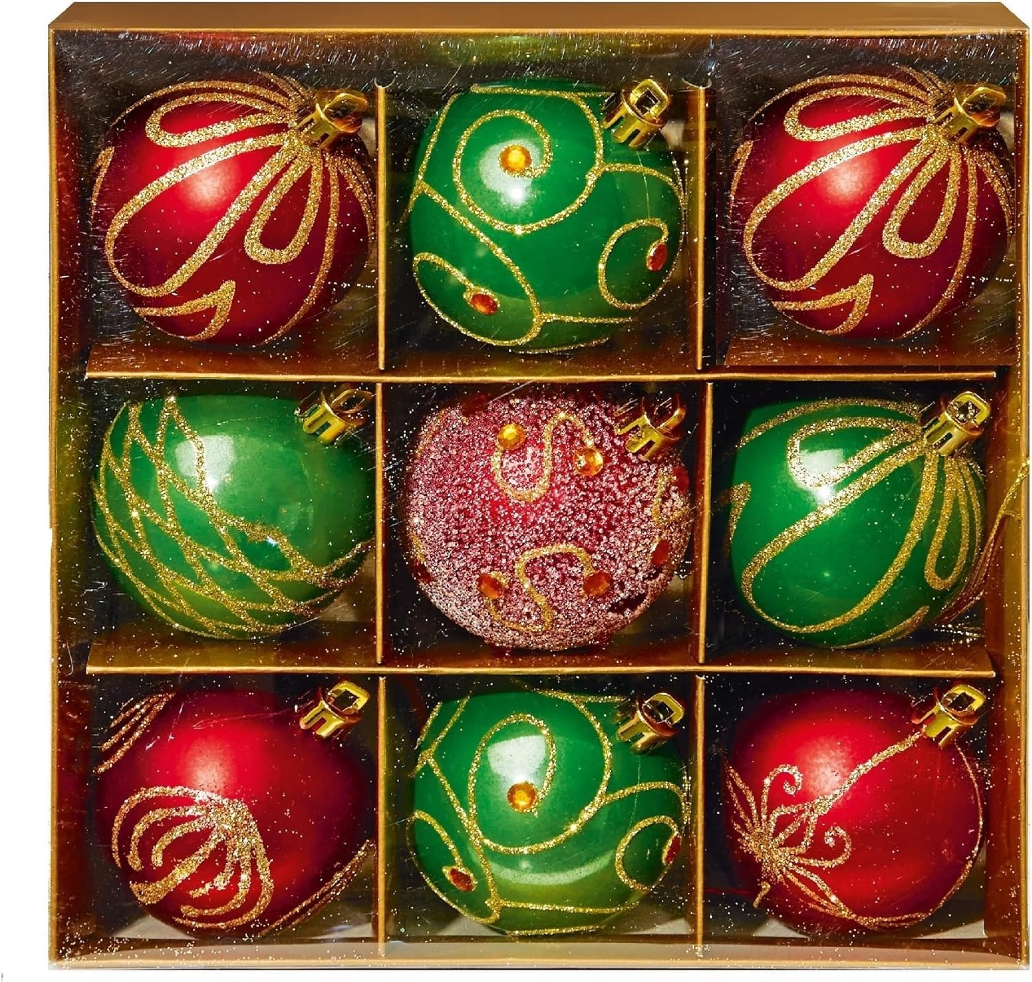 UKDD® Set of 9 Premium Baubles Luxury Christmas Tree Bauble Decorations Matte, Glitter, shiny Baubles (Red & Green) - Image 2