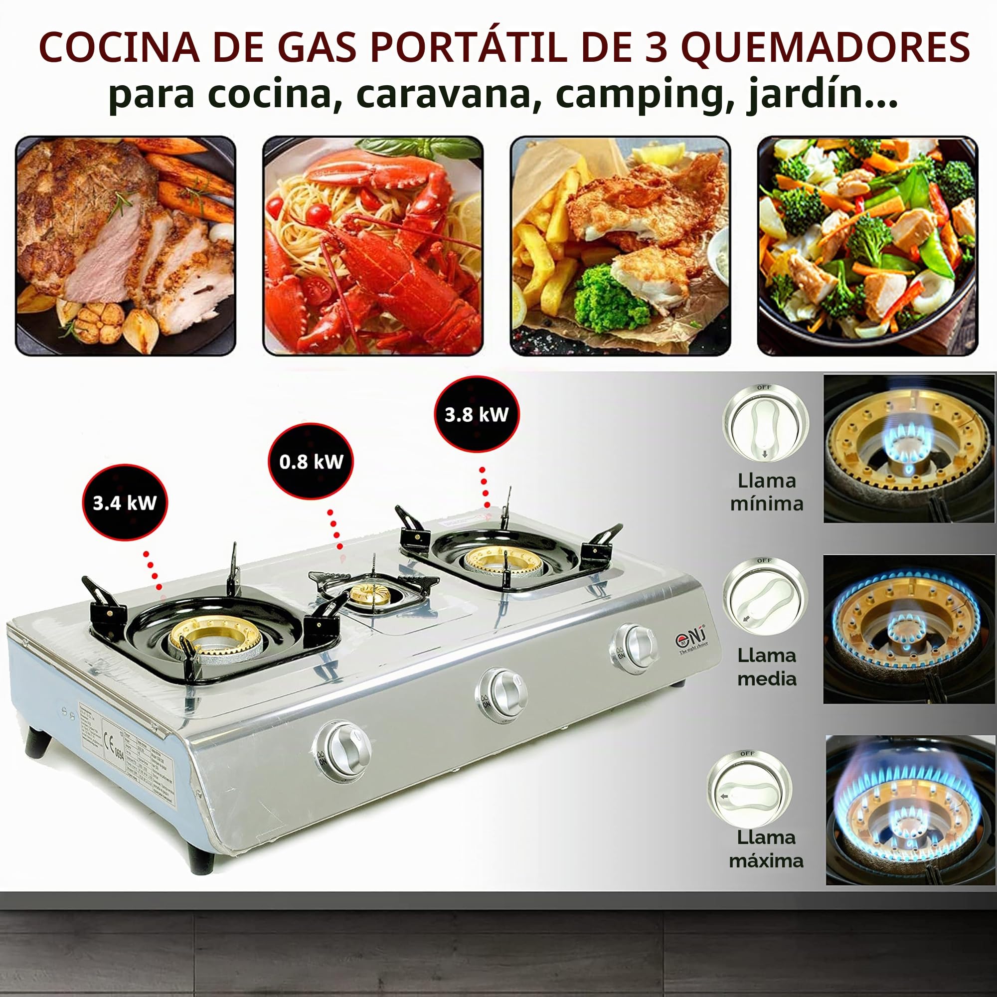 NJ NSD-3 Cocina portátil de GLP - Estufa de 3 quemadores para uso en interiores 8.0kW WOK