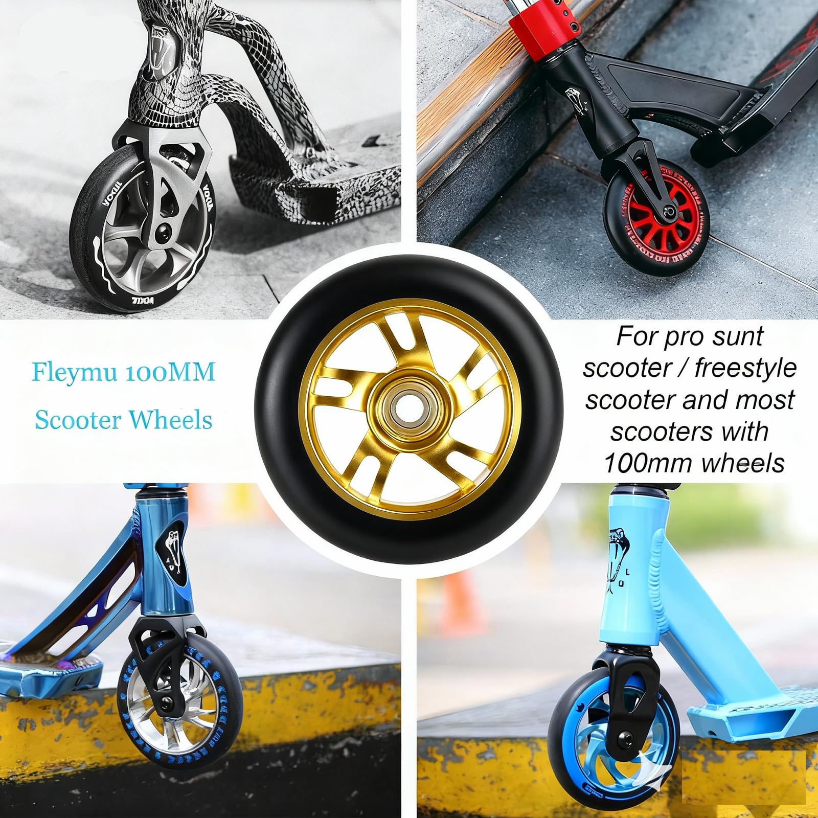 Kółka Pro Stunt Scooter 100 mm z łożyskami ABEC 9, kompatybilne z 2 kołami do skuterów, kompatybilne z Razor/Apollo/Cox Swain i większością skuterów (złoty)