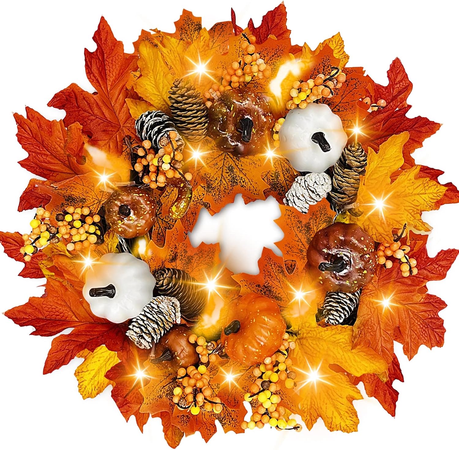 18 Inch Fall Wreath with 20 Led Timer Battery Operated Pumpkins Pinecones Berries Artificial Maple Leaves Wreath for Front Door Fall Thanksgiving Decorations Indoor Outdoor Halloween (Fall Orange)