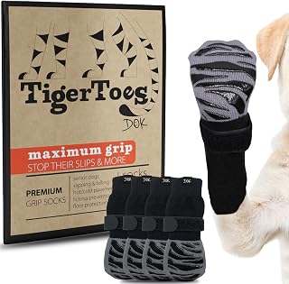 DOK TigerToes Large Non-Slip Dog Socks for Hardwood Floors - Extra-Thick Grip Works When Twisted, Paw Protection for Senior Dogs, 4 Pack