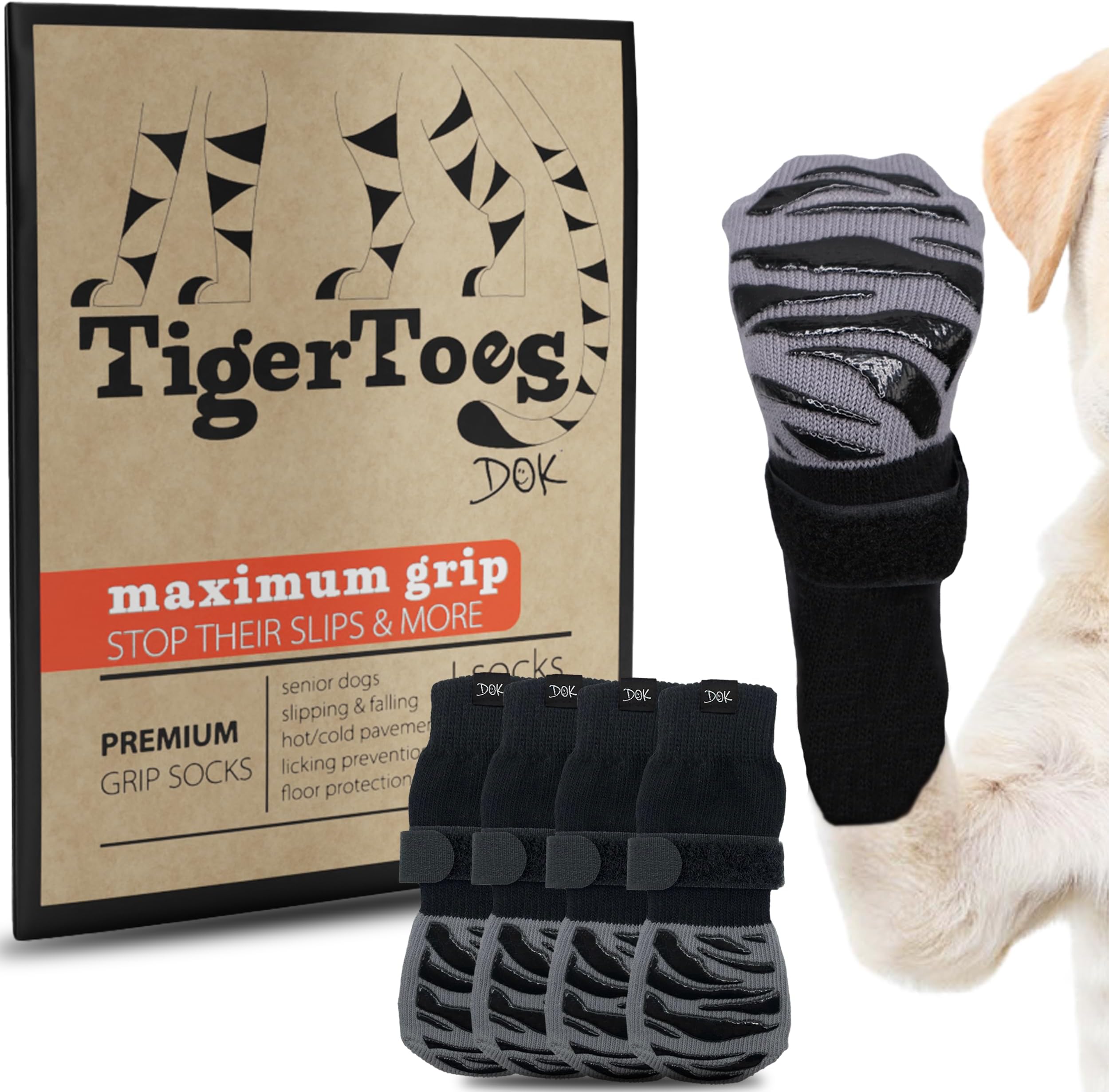 DOK TigerToes Premium Non-Slip Dog Socks for Hardwood Floors - Extra-Thick Grip That Works Even When Twisted - Prevents Licking, Slipping, and Great for Dog Paw Protection (X-Large)