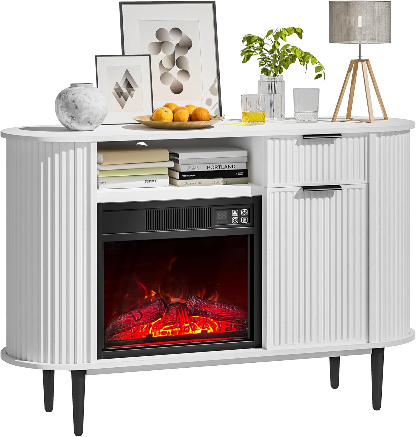Electric Fireplace TV Stand, 50" Fireplace Console with Curved Profile Design, Electric Fireplace Entertainment Center with Storage, Console with Fireplace and Remote Control, White