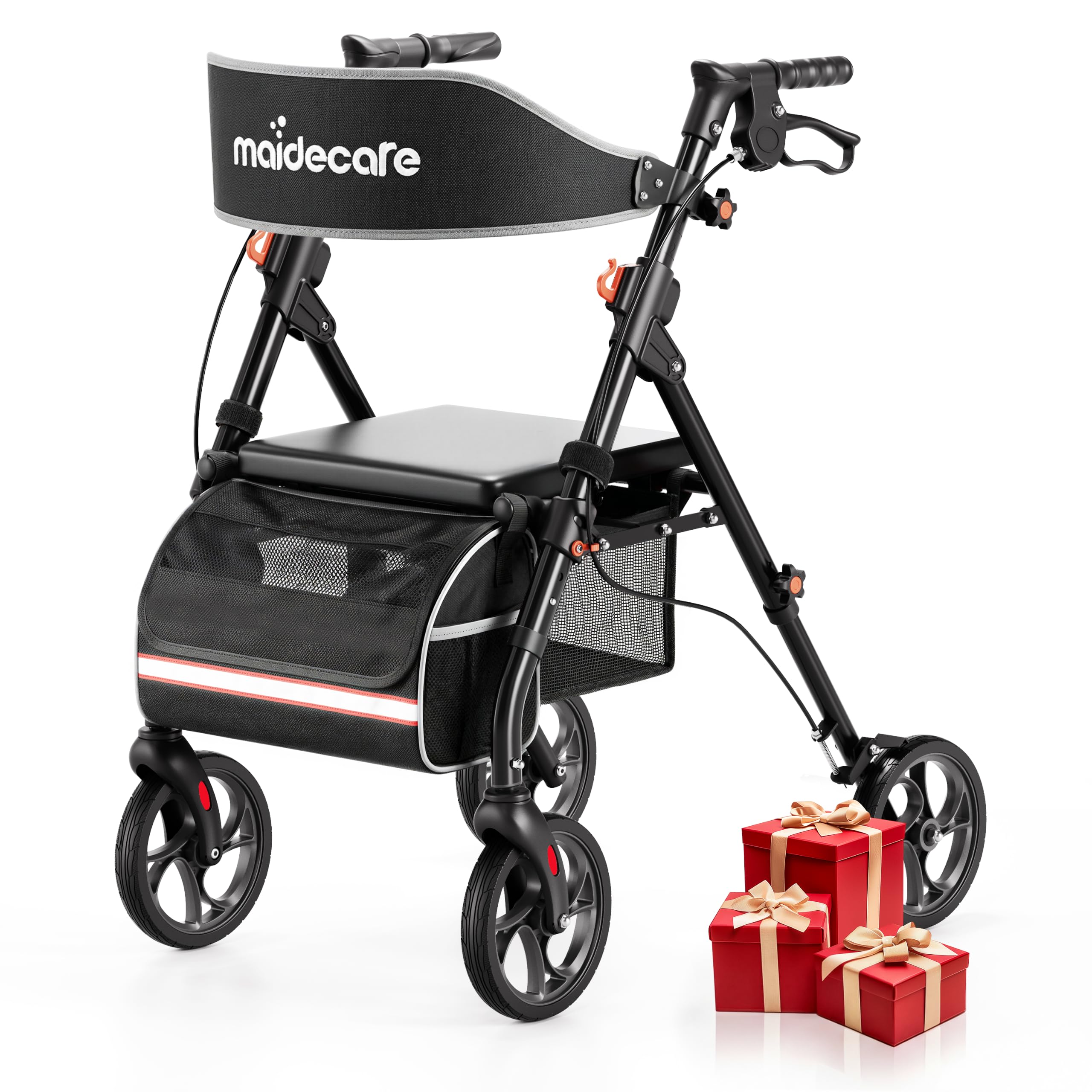 Andador con asiento y ruedas, plegable, 4 ruedas, para personas mayores y discapacitados, andador para exteriores/interiores, neumáticos todo terreno de 20 cm, mango ajustable en altura de 6