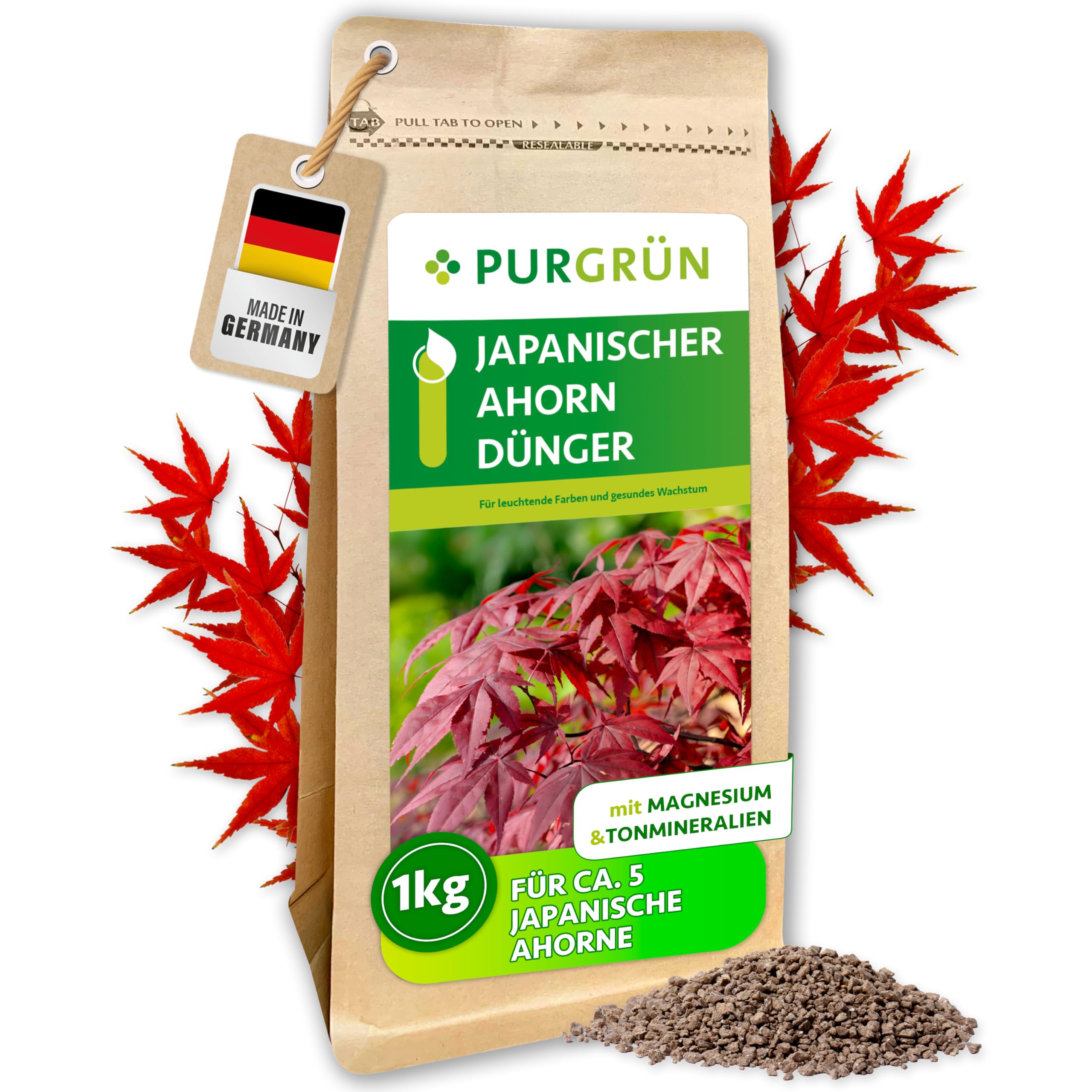 Japanischer-Ahorn-Dünger 1 kg – Organisch-mineralische Rezeptur – Feinkörniges Krümelgranulat – NPK 5+4+6 – Extra Magnesium für eine intensive Blattfärbung – Verbessert die Bodenqualität
