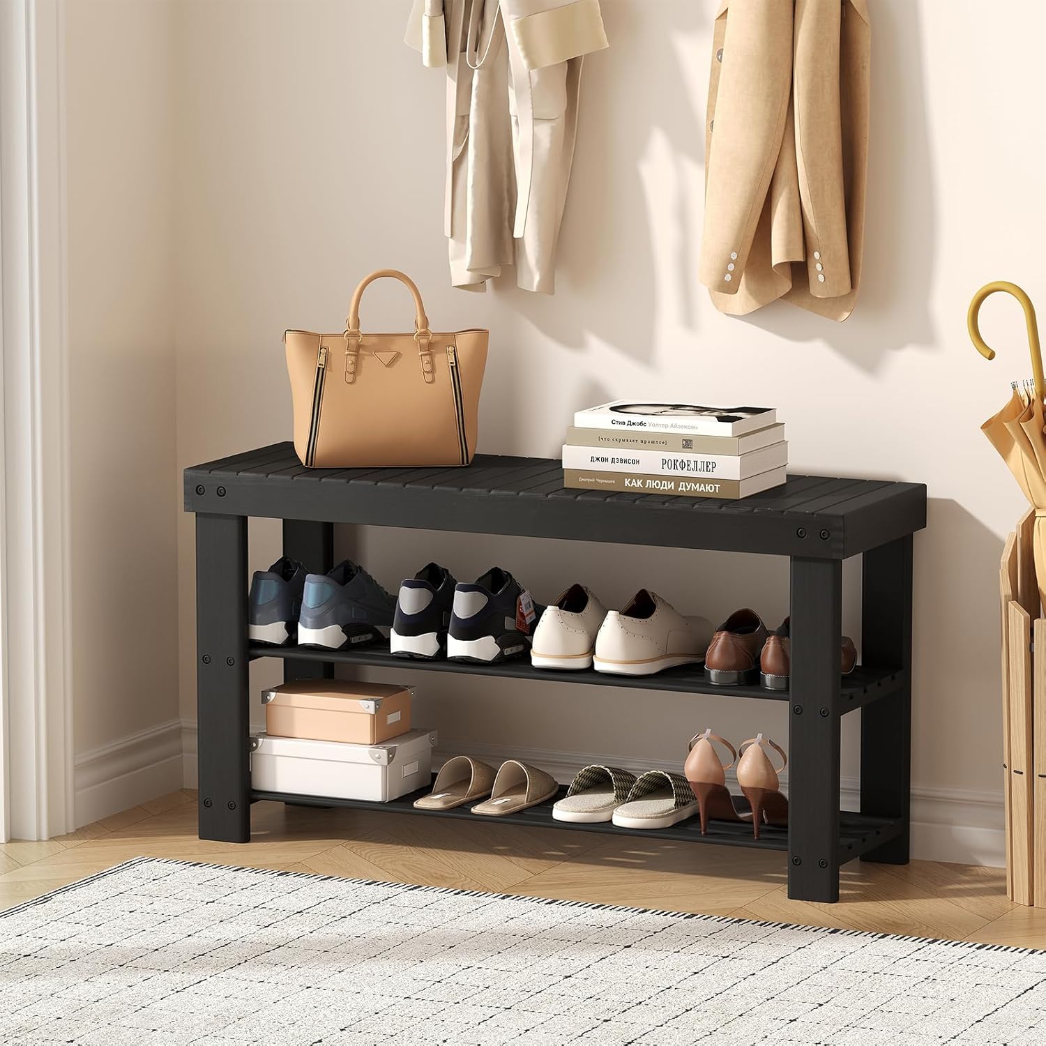 DUMOS Wooden Shoe Rack Bench with Storage, 3-Tier Bamboo Entryway Benches, Shoe Rack Holds Up to 286 lb Storage Organizer, 11.3 x 35.43 x 17.8 Inches, Suitable for Bedroom Living Room Balcony, Black