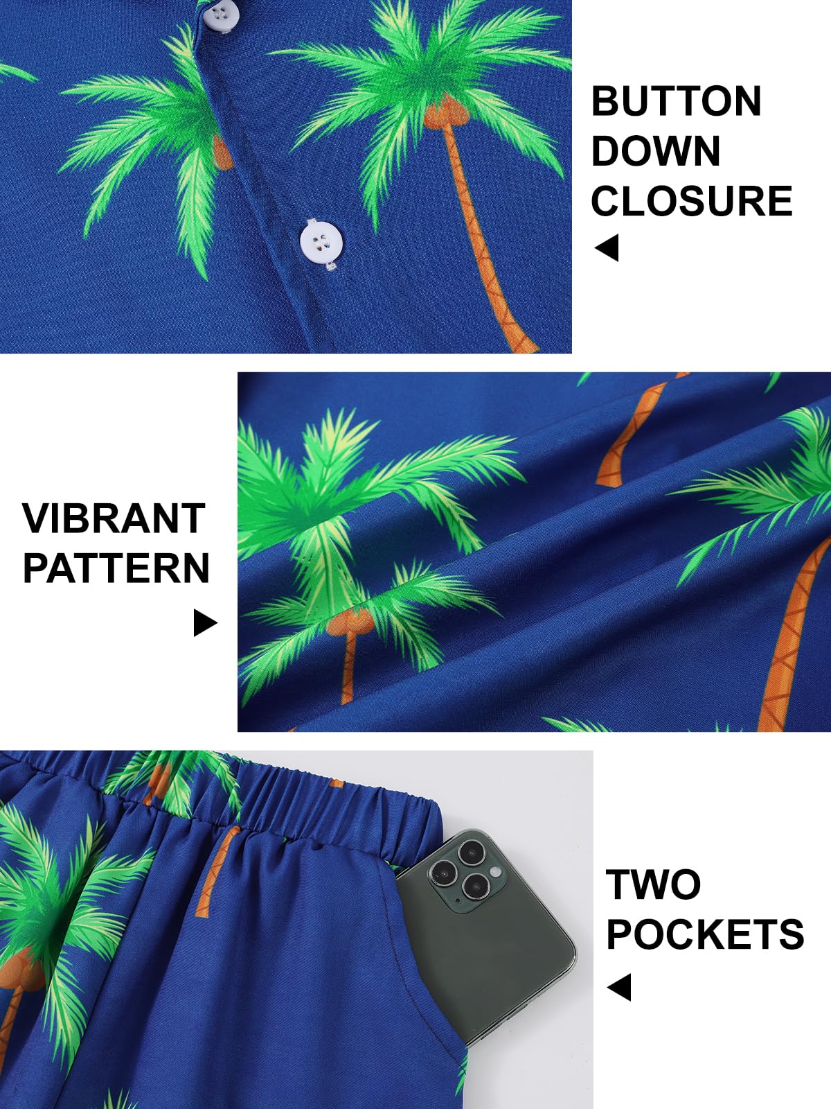 Hotfiary Completo hawaiano per bambini, set da 3 pezzi con pantaloncini con stampa tropicale, magliette e cappello, set estivo casual con risvolto, top e pantaloni a maniche corte, vestiti per 5-14