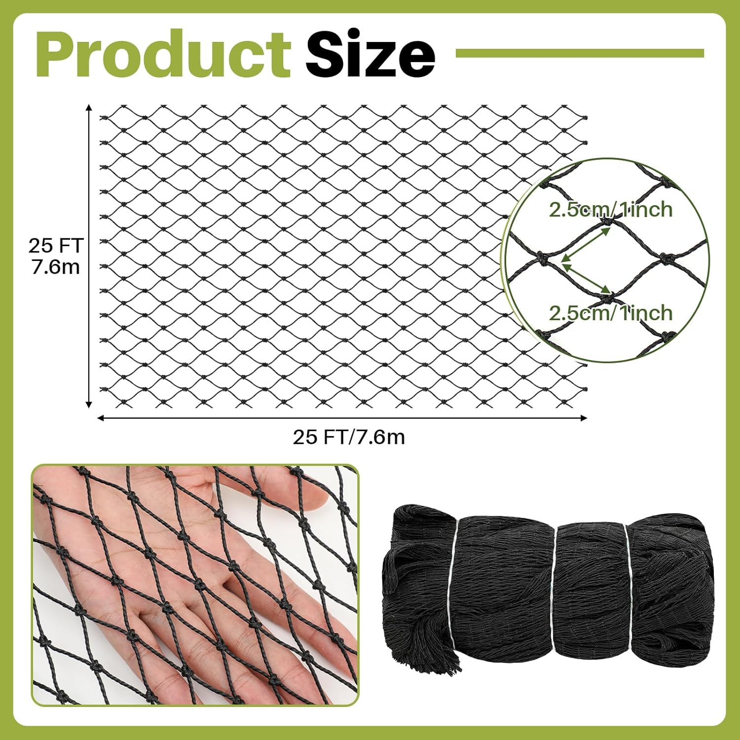 25 x 25 ft Aviary Bird Netting Chicken Netting Commercial Grade Heavy Duty Knotted 1 inch Mesh for Chicken Coops Poultry Blueberries Fruit Trees Net Aviary Gamefowl Garden