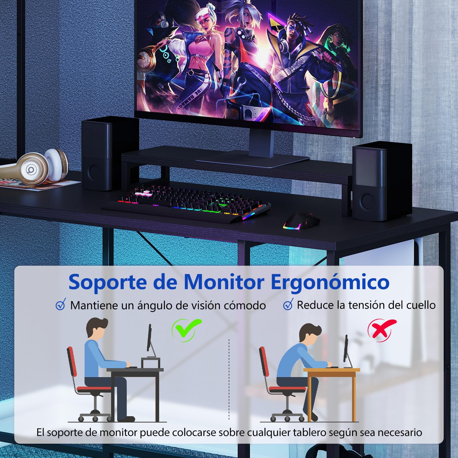 COSTWAY Escritorio Gaming en L con Luces y Enchufe, 145 x 145cm, Escritorio Esquinero Reversible con Estanterias, Soporte para Monitor, Mesa en L Grande para 2 Personas (Negro)