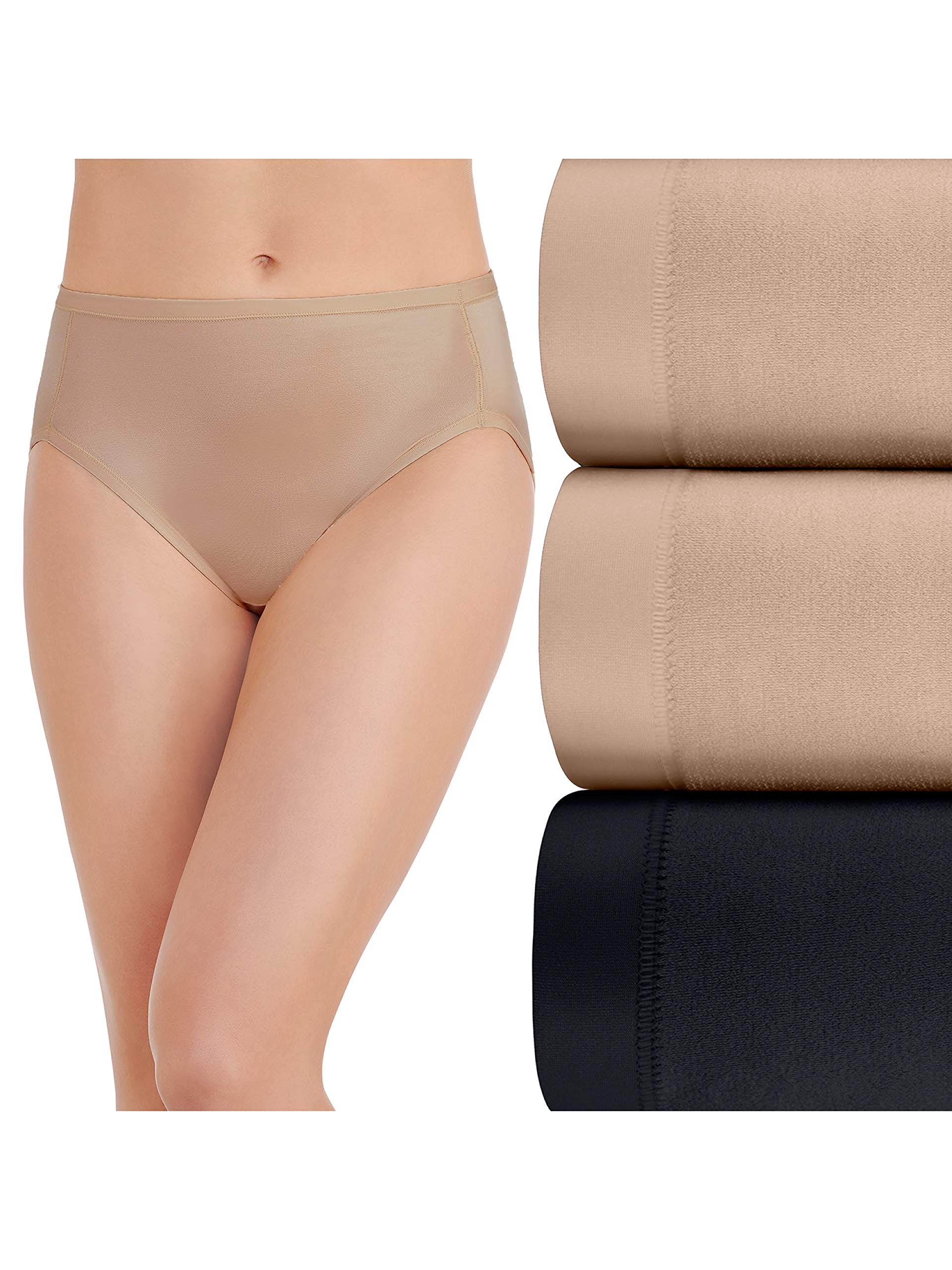 Vanity Fair Women's Body Caress Flexible Fit Panties, Hi Cut - 3 Pack - Neutral/Neutral/Black, 7