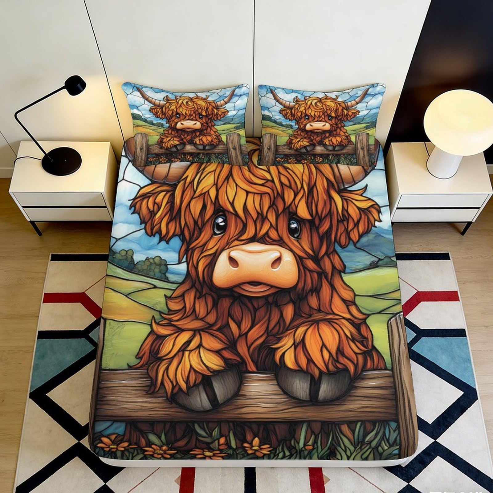 3D Printed Highland Cow Fitted Sheet Microfiber Farm Landscape Bed Cover Non-slip Washable for Bedroom Decor 90x200x25cm