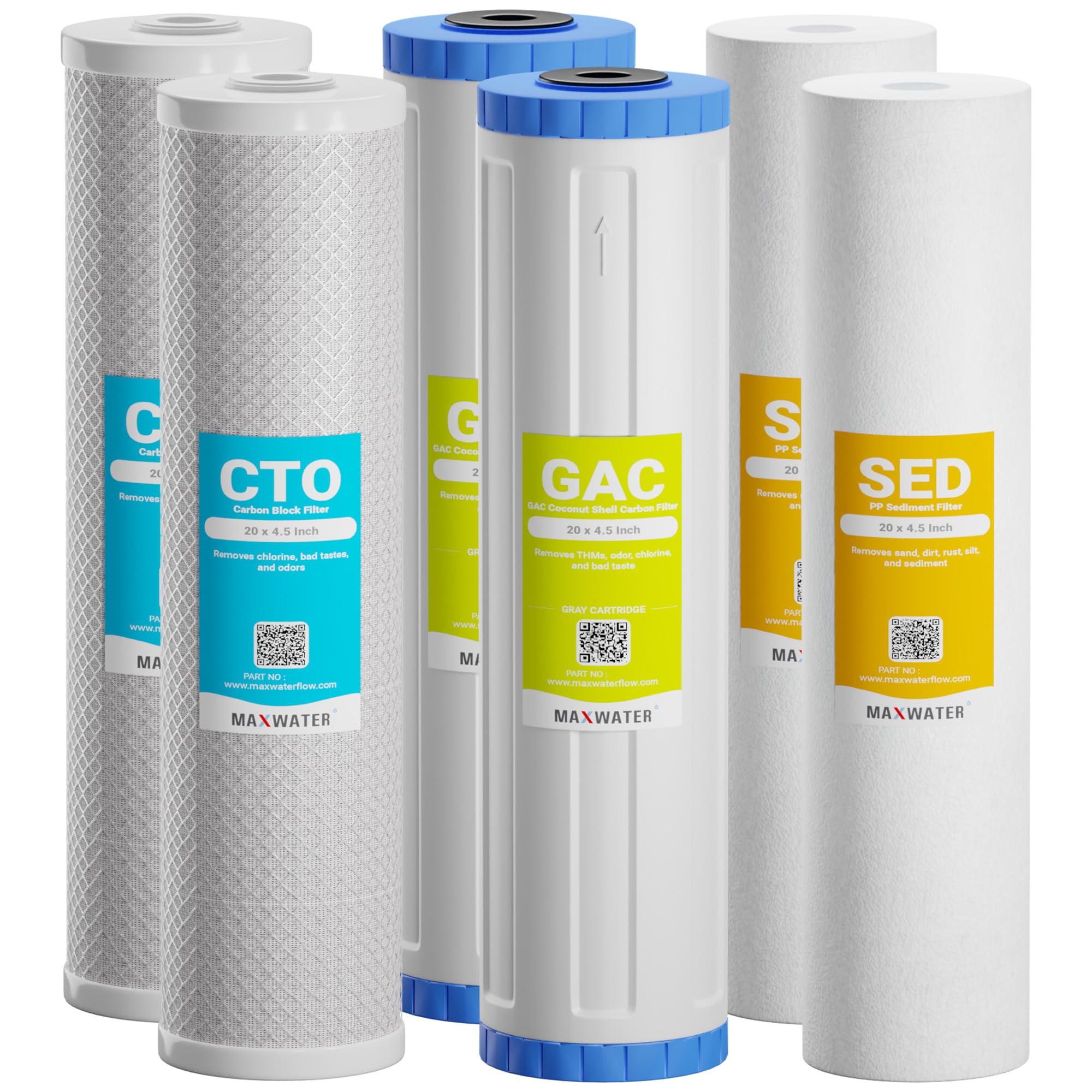 Max Water 2 Stage (Sediment, Odor & Improving Taste) Whole House (20 inch x 4.5 inch), Water Filtration System with Housing Wrench - Sediment + GAC - 1 Inlet/Outlet