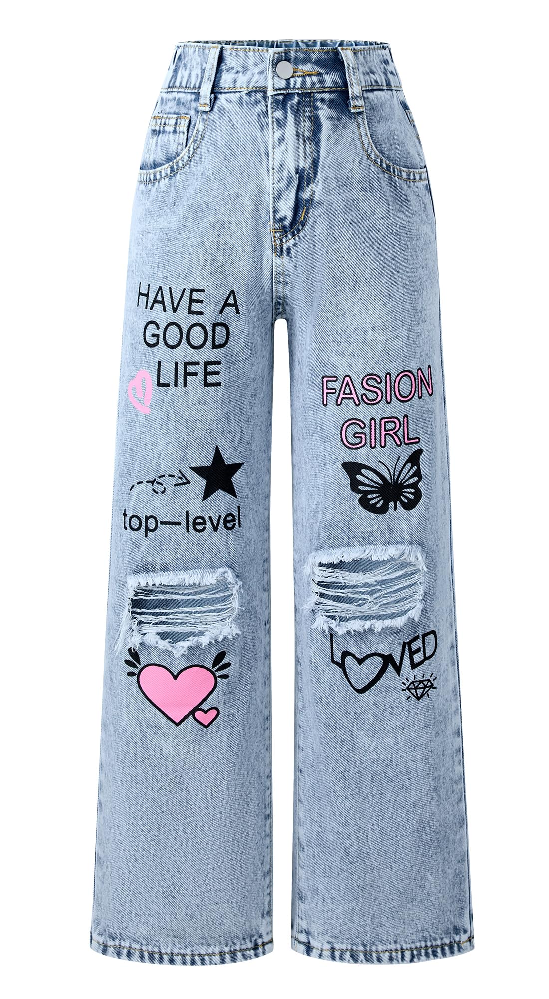 FEOYA Jeans Déchiré Ado Fille Pantalon Cargo Baggy Large Enfant Jean Taille Élastique