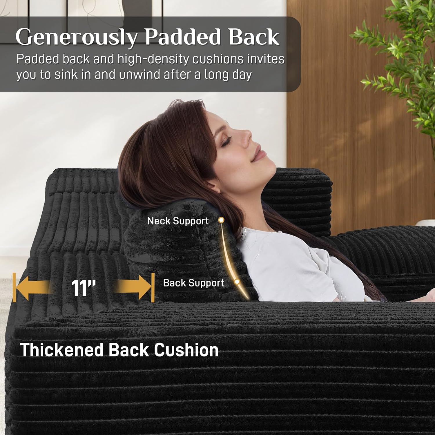131" Oversized U Shaped Cloud Sectional Couches for Living Room, Comfy Fluffy Corduroy Black Boneless Sectionals Couch, Plush Memory Foam Modular Sectional Sofa with Chaise- 19" Seat Height thumbnail