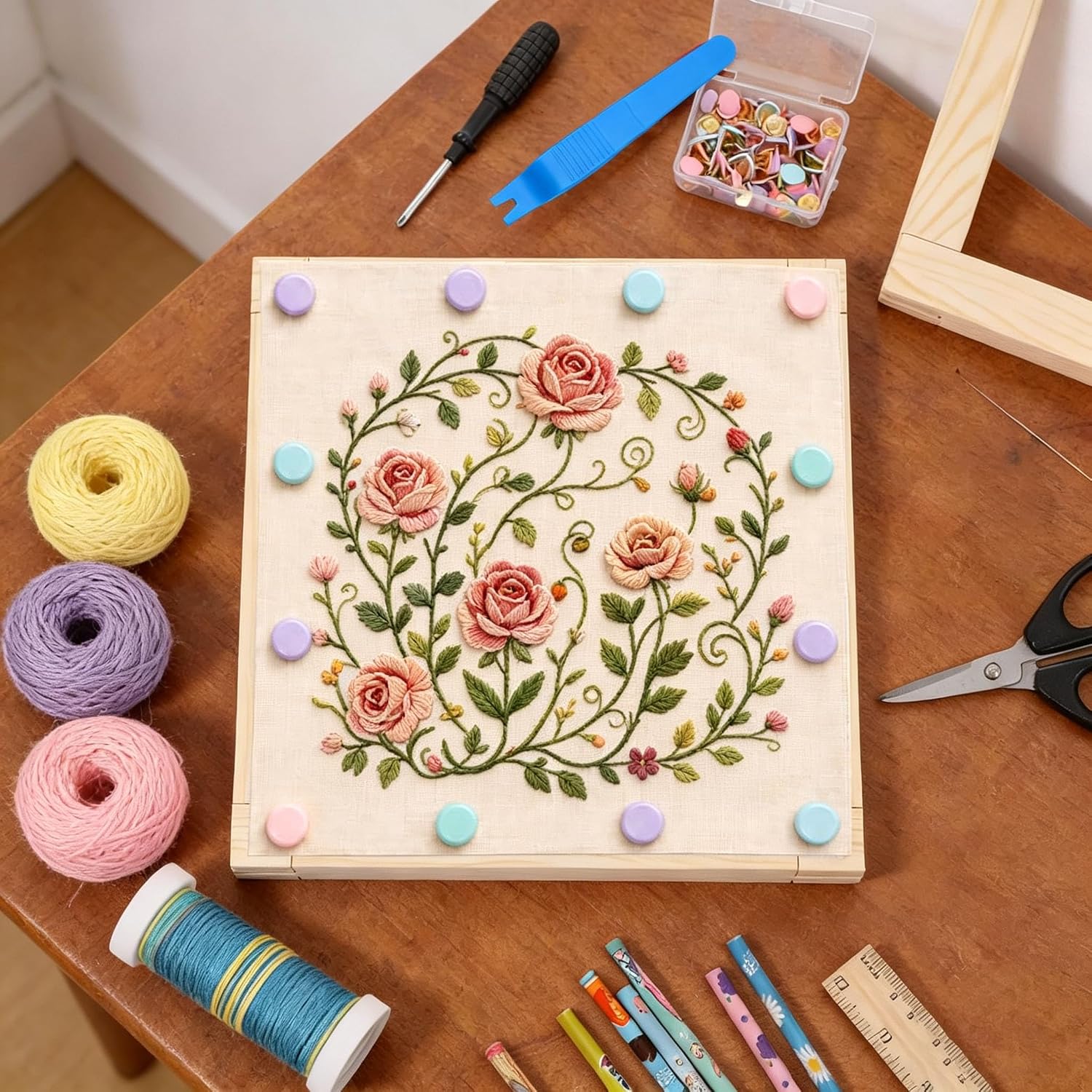 36 PCS Needlepoint Stretcher Bars & Canvas Stretcher Bars Set, 6 Pair Wooden Embroidery Frame with Screws, Screwdriver, Tack Remover, 100 Nails & Pure Cotton Fabric for DIY Craft Art Accessories