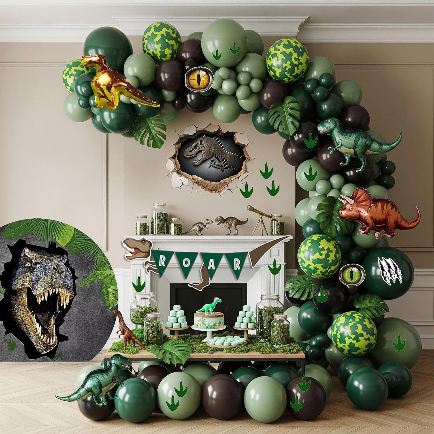 Dinosaur Birthday Party Decorations Includes Green and Brown balloon arch & Cute Small dino Foil balloons & Banner Footprint Sticker for kids jungle Dinosaurs ROAR Themed Trunk or Treat Car Supplies Green Brown
