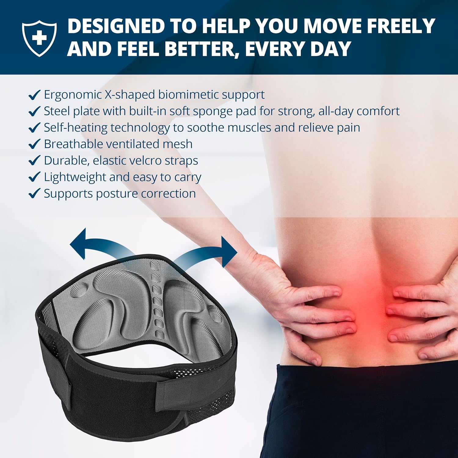 Strong Self-Heating Fit Lower Back Brace – Advanced Composite Fiber Support Belt with X-Shaped Design, Strong Lumbar Support, Pain Relief for Men & Women, X-Large
