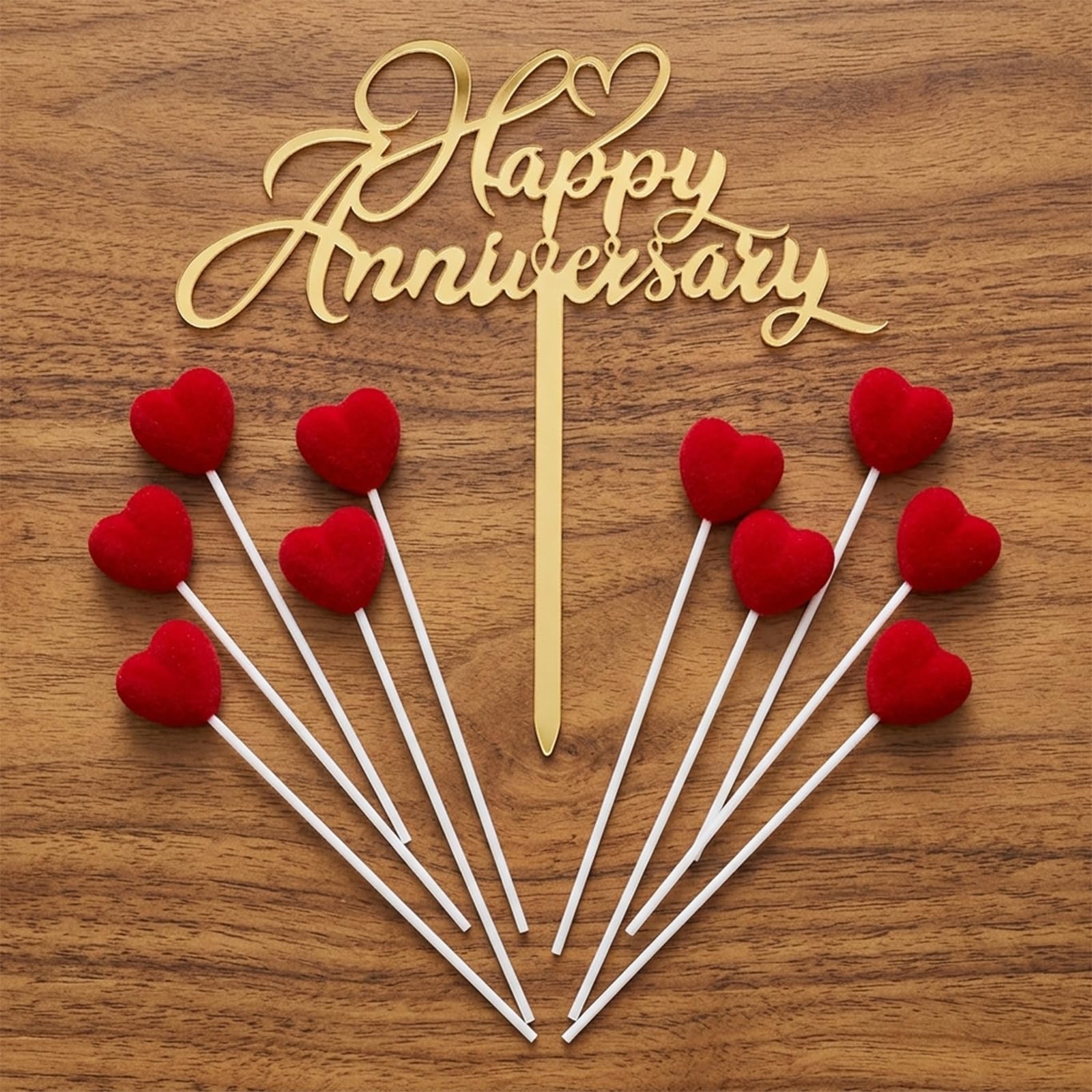 11-Piece Gold Happy Anniversary & Red 3D Heart Cake Topper
