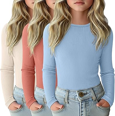3 Pack Girls Long Sleeve Shirts Ribbed Knit Cotton Layering Tops Slim Fit Crewneck Casual Undershirts