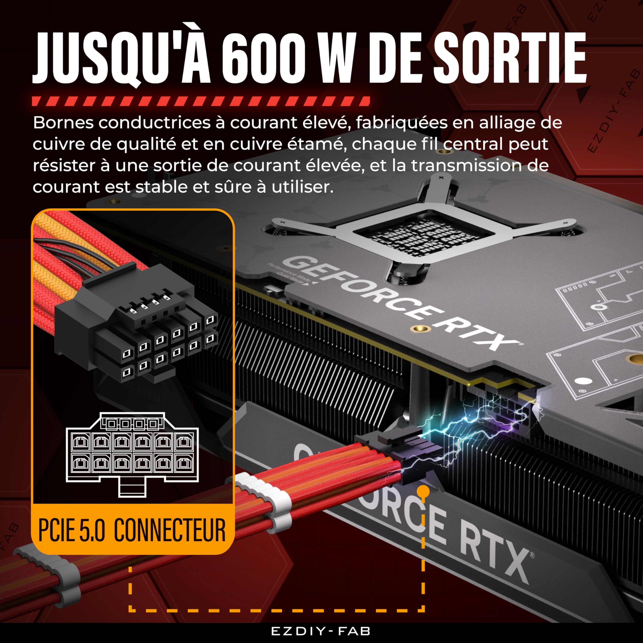 EZDIY-FAB Extension de câble GPU Power Sleeved, connecteur 16pin(12+4) PCIe 5.0 mâle à 3X PCIe 8 broches pour RTX4070Ti Super, 4080 Super, 4090, avec peignes de câble pré-installés -16AWG/ rouge jaune