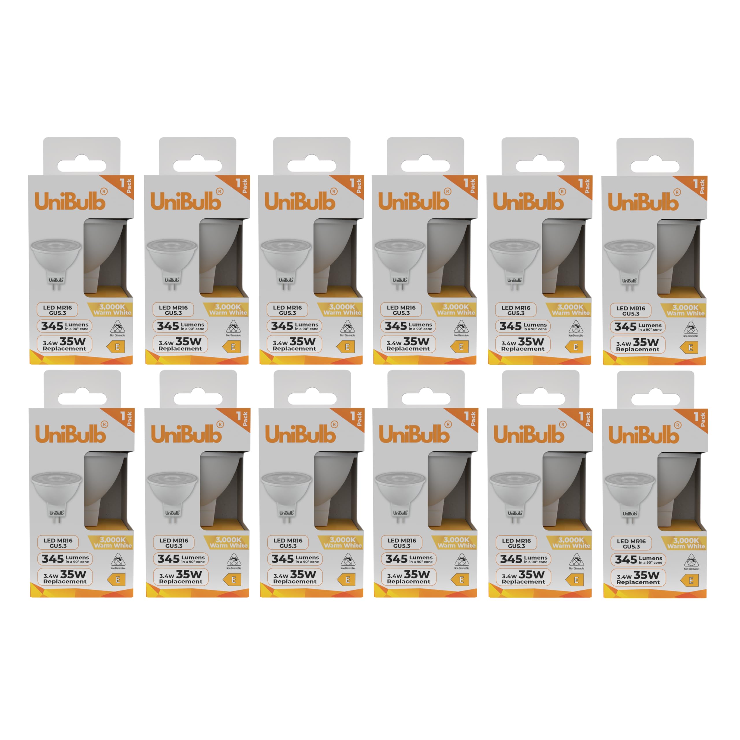 Unibulb GU5.3 MR16 3.4W (Replaces 35W), Energy Efficient LED Spotlight Downlight Ceiling Light Bulb, 345 Lumens, 3000K Warm White, 35W Equivalent, 12v, 25,000hr Lifespan, Non-Dimmable (12)
