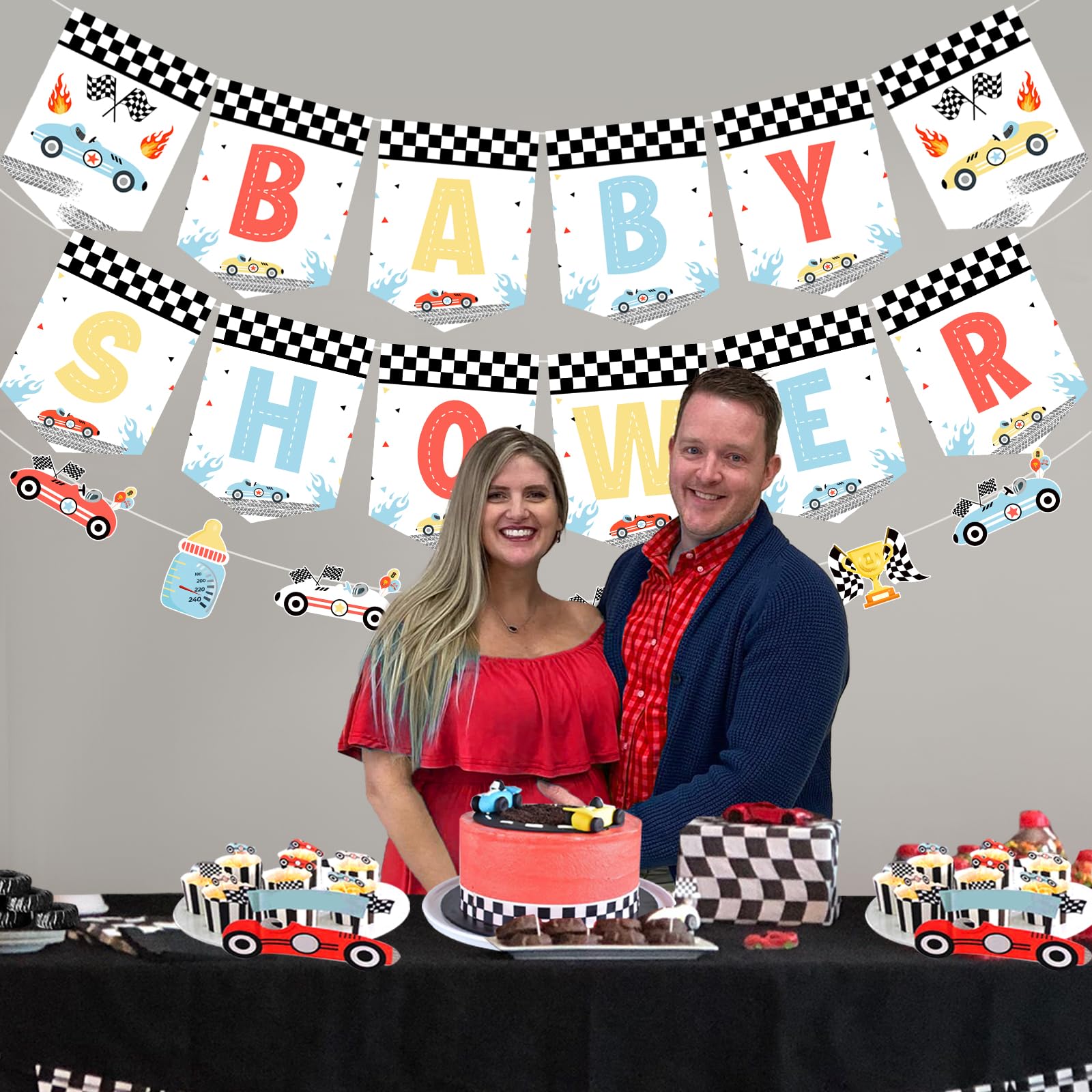 Race Car Baby Shower Banner - 'A Baby Boy Is Almost Here' Sign, Glitter Cardstock, Party Decor