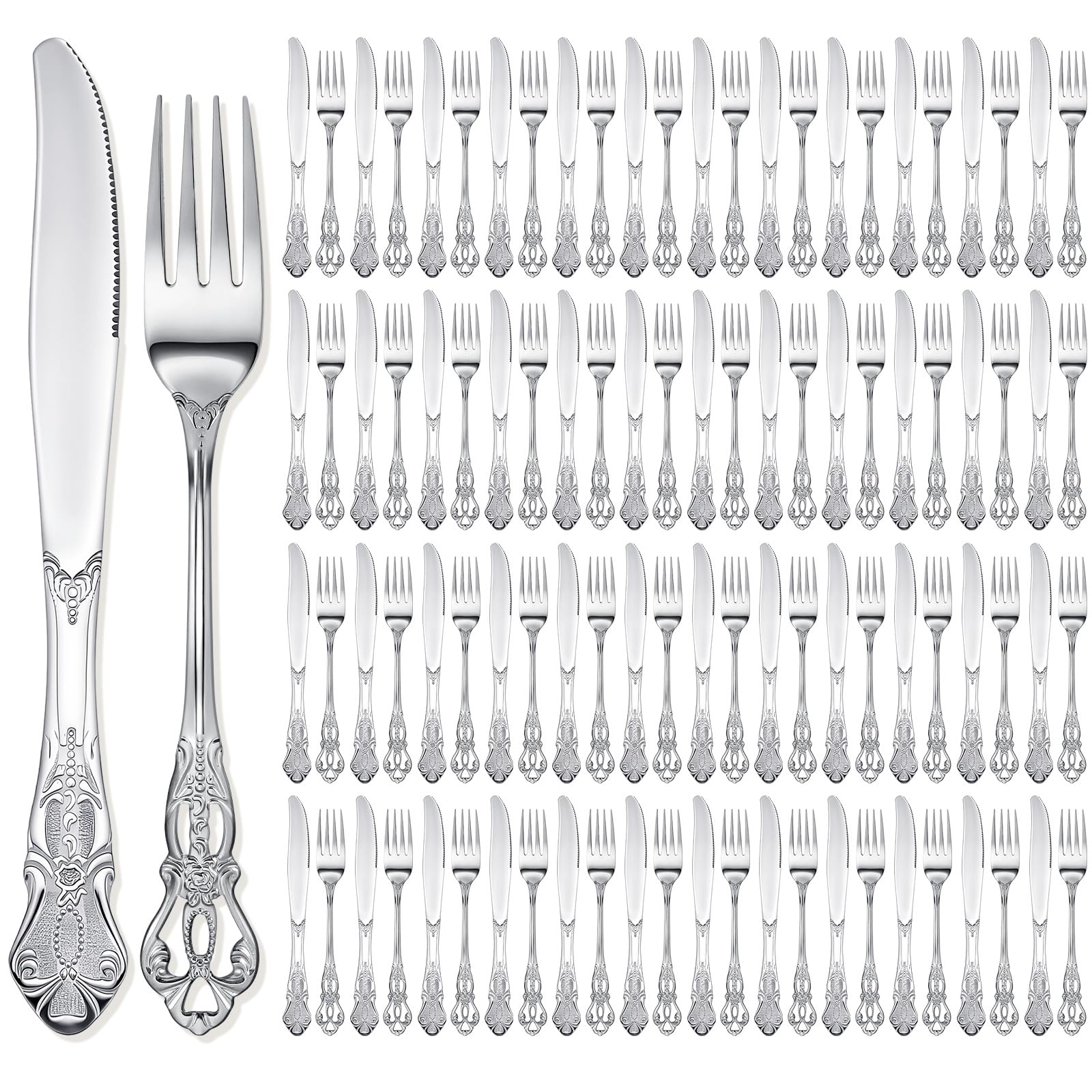 Dandat 100 Pcs Forks and Knives Cutlery Set Stainless Steel Steak Knives Forks Flatware Royal Silverware Set for Wedding Party Restaurant Dishwasher Safe (Silver)