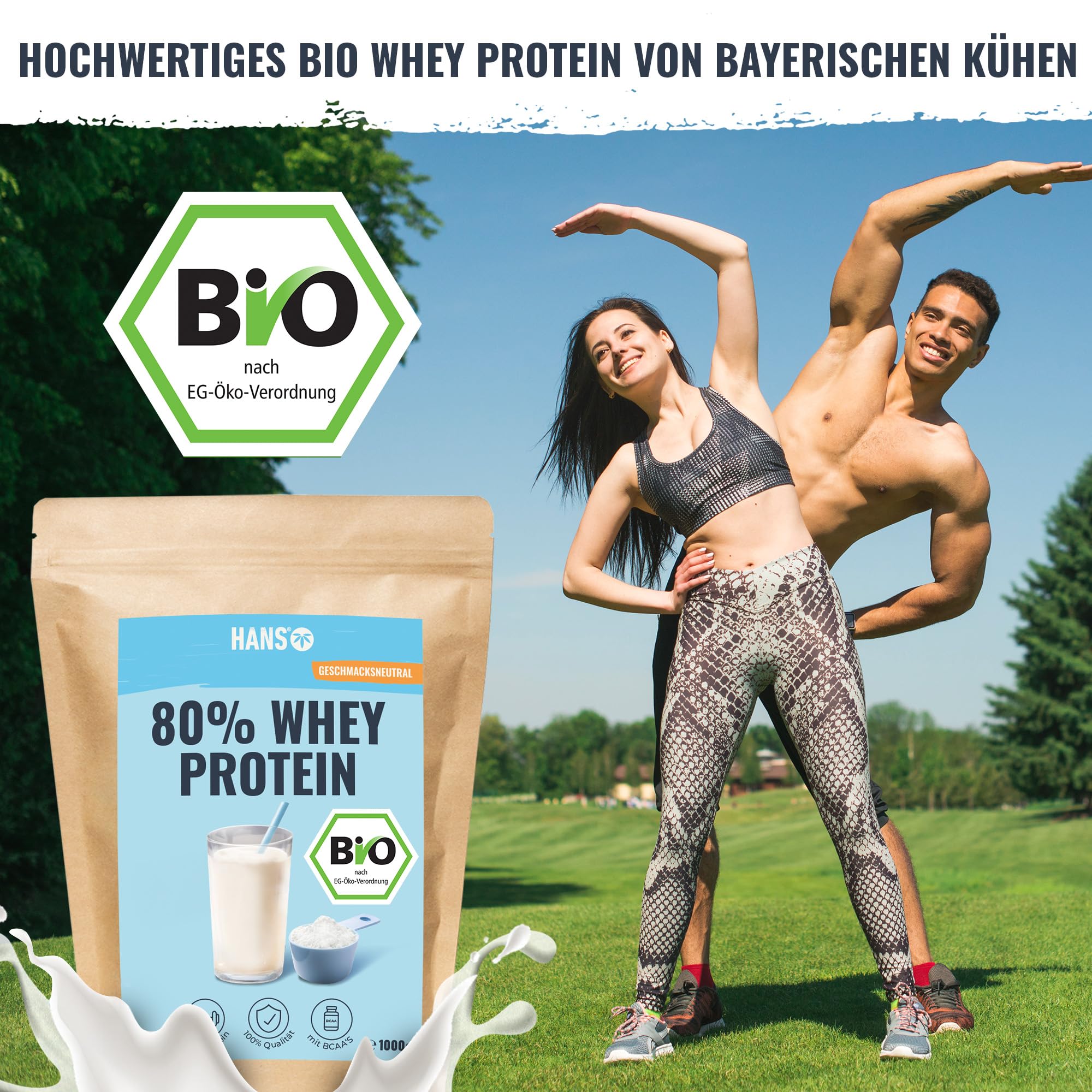 HANS Brainfood 80% Bio Whey Protein Pulver Neutral 1kg von Kühen aus Bayern ohne Zuckerzusatz - Eiweißpulver, Whey, Eiweiss Protein Pulver - 100% reines Bio Molke-Protein