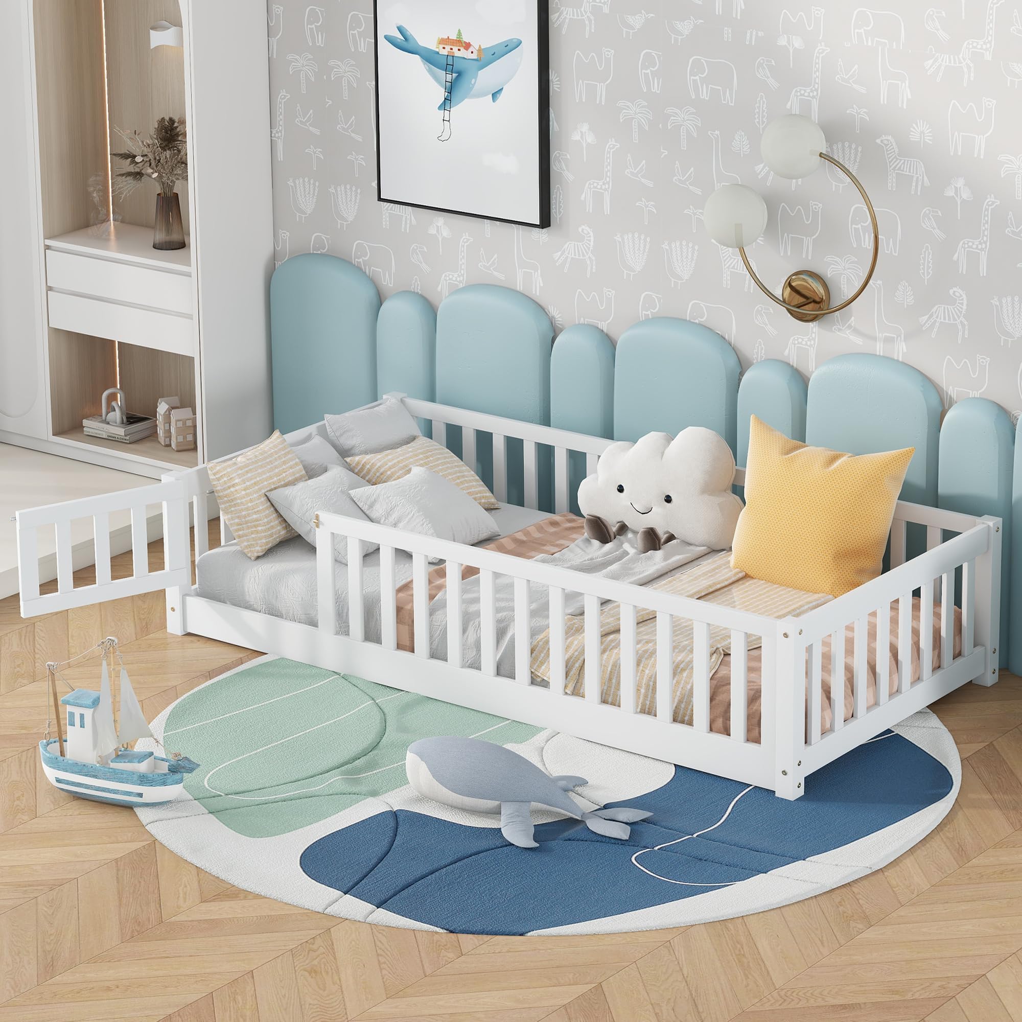 Bellemave Twin Size Kids Floor Bed with Door and Fence,Montessori Floor Bed with Slats and Safety Guardrails,Solid Wood Twin Bed Frame for Girls Boys,White