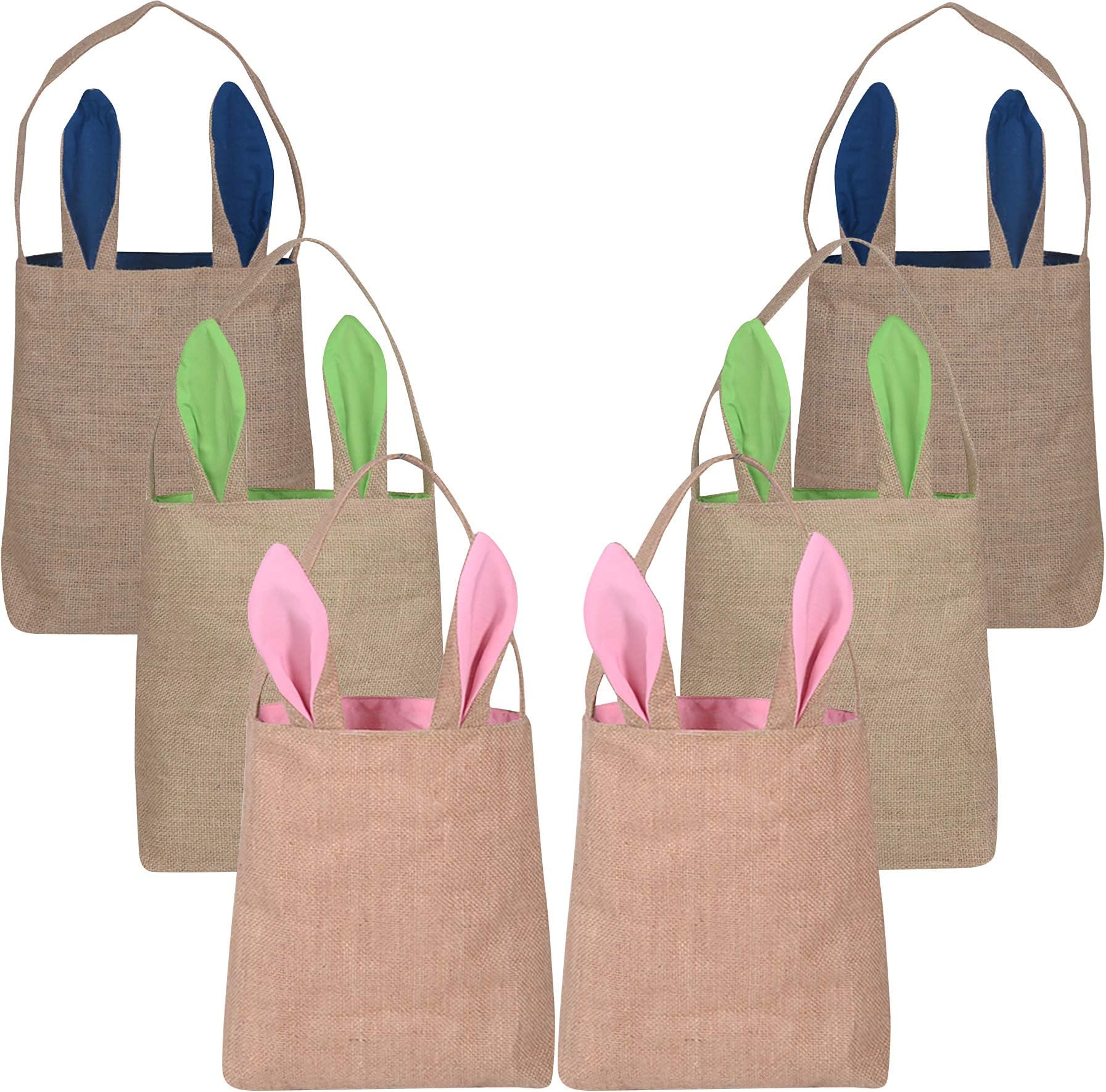 KEFAN 6 Pack Easter Bunny Bags Easter Bunny Baskets Jute Burlap Bunny Ear Tote Bags (Easter Bags 02)