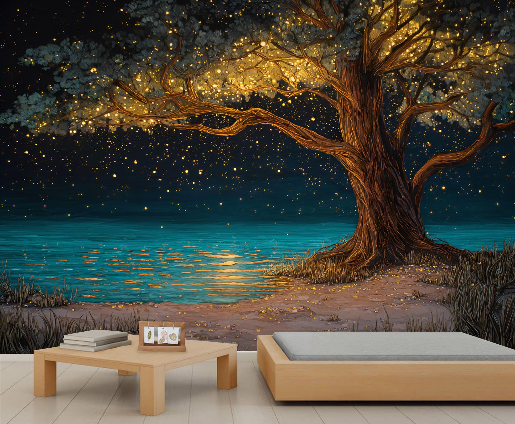 Fantasy Glowing Tree Mural Magical Night Landscape Mural Starry Night Wallpaper Fantasy Glowing Tree by The Lake 3D Wall Murals for Living Room Bedroom 350 x 256 cm