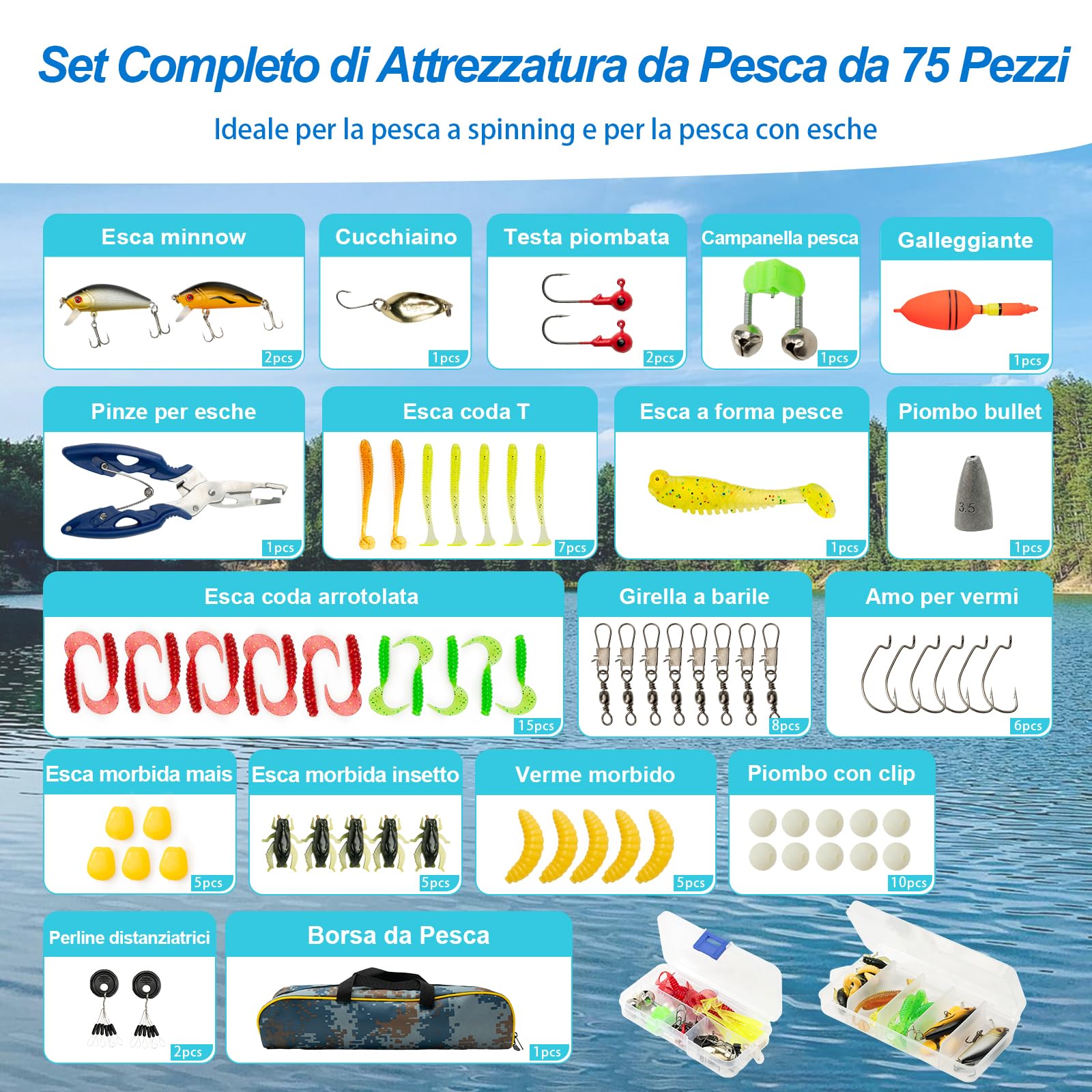 Kit Iniziale per Bambini e Principianti, 2 Canne da Pesca Telescopiche Portatili 1,8m con Mulinello Spinning 5.2:1, Set Completo con Lenza, Esche, Accessori e Borsa per Acqua Dolce e Salata