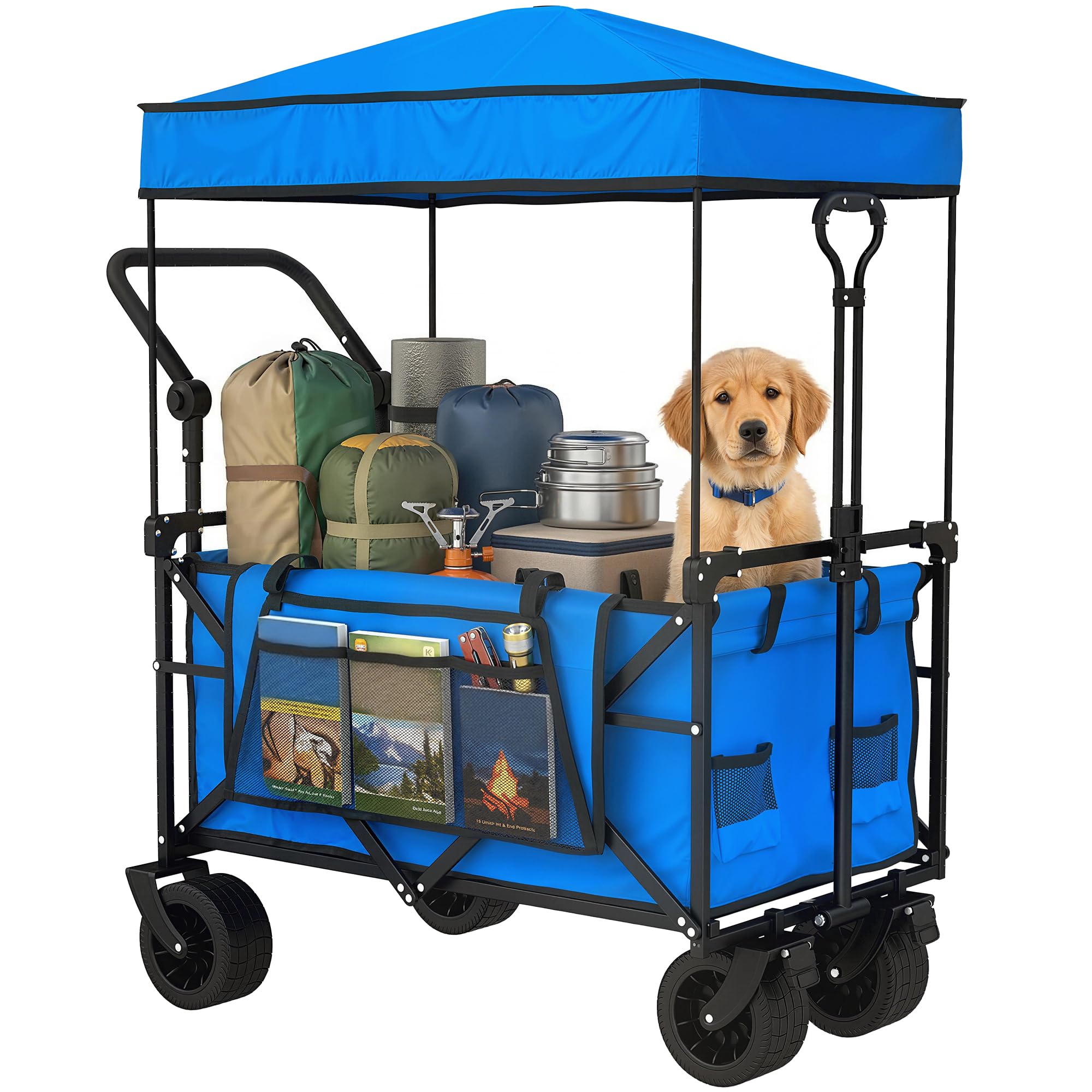 Outsunny Carro Playa con Ruedas Grandes con Freno, Techo Extraíble, Carro Plegable para Jardín con Barra Ajustable, Portavasos y Bolsillos, Carga 100 kg, para Todo Terreno, Campaña, Compras, Azul