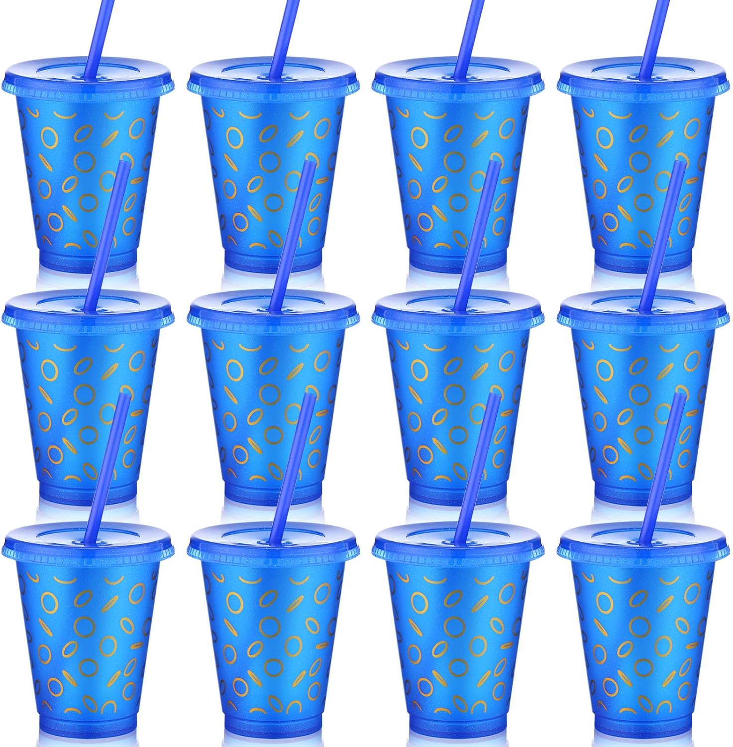 Havawish 12 Pcs Blue with Gold Ring Print Plastic Tumbler with Lid and Straw Cartoon Birthday Party Favors 16 oz Reusable Plastic Cups Video Game Themed Party Decorations
