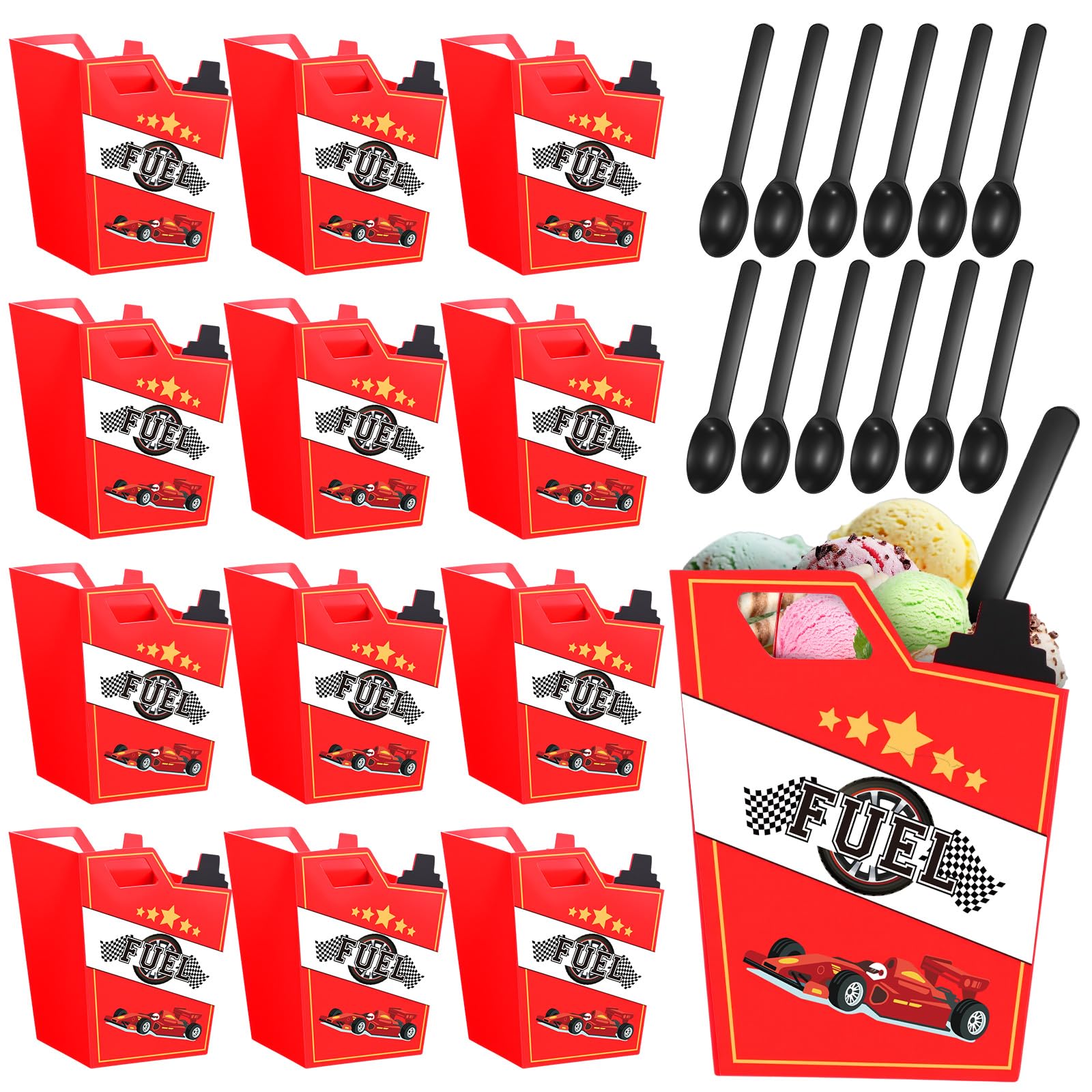 Uiifan 12 Sets Race Car Fuel Can Bowls Spoon Set, Plastic Fuel Can Dessert Snack Ice Cream Bowl, Black White Checkerboard Popcorn Candy Bowl Race Car Party Supplies for Kid Birthday Baby Shower Favor