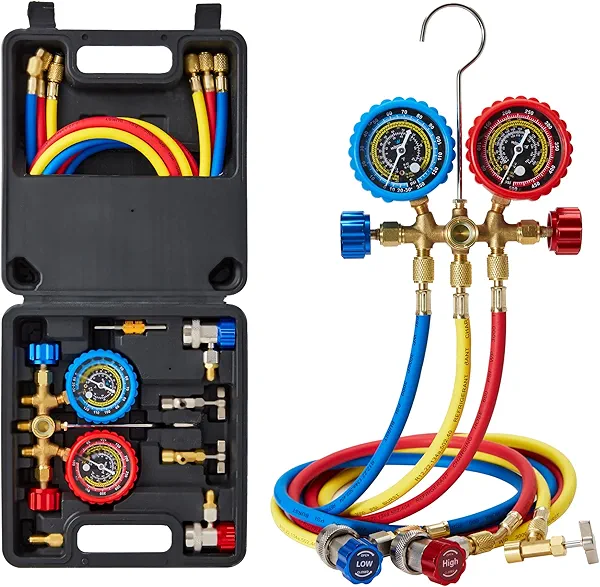 WISSCOOL AC Gauges HVAC Manifold Gauge Set for R134 R22 R12 R502, with 5ft Hoses Couplers Adapters Puncturing Can Tap Tools for R134a Refrigerants Charging and Evacuation